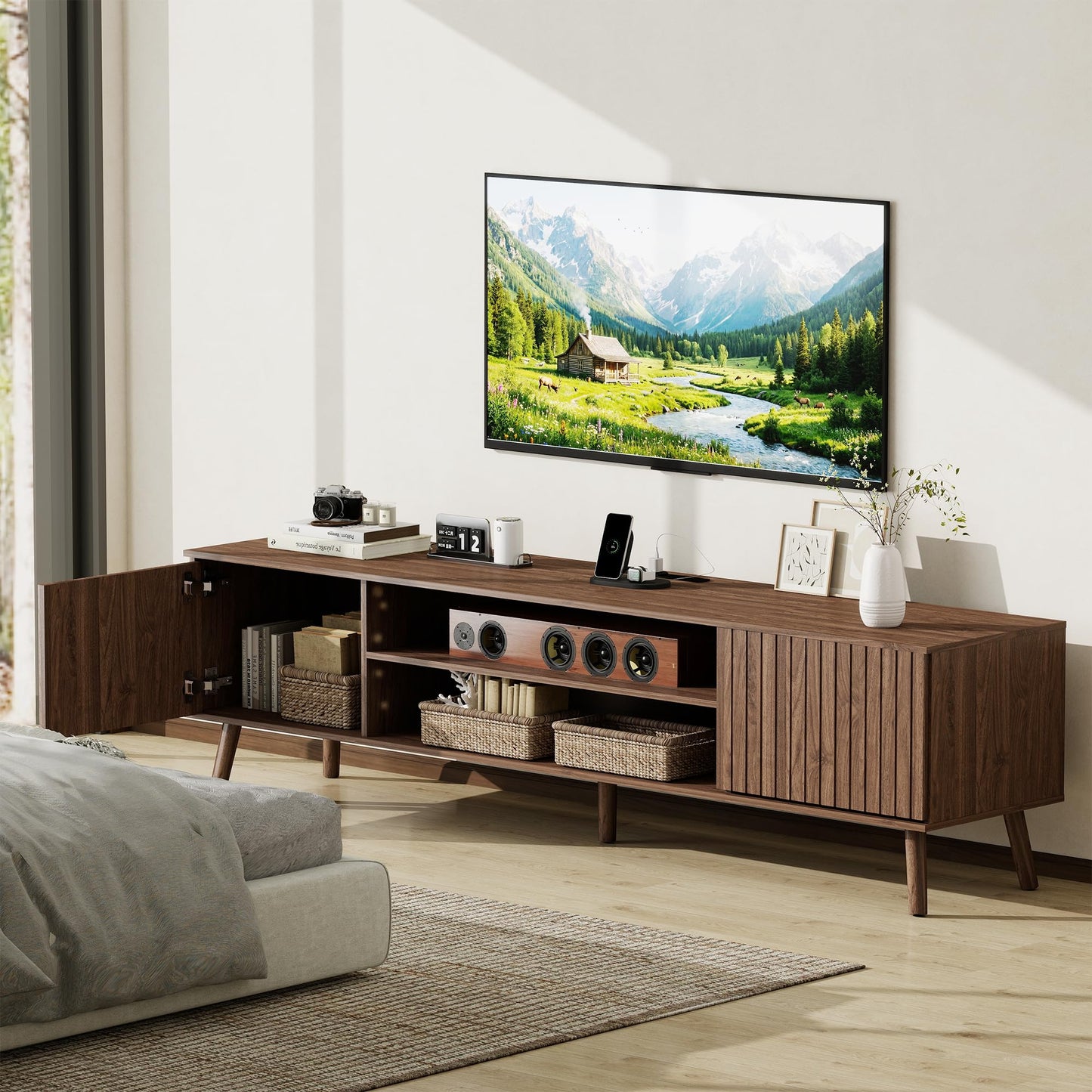 YOSHOOT TV Stand for 75 inch TVs, Mid Century Modern Entertainment Center with Power Outlet,Fluted Media Console with Open Shelves and Storage Cabinets for Living Room & Bedroom, Walnut
