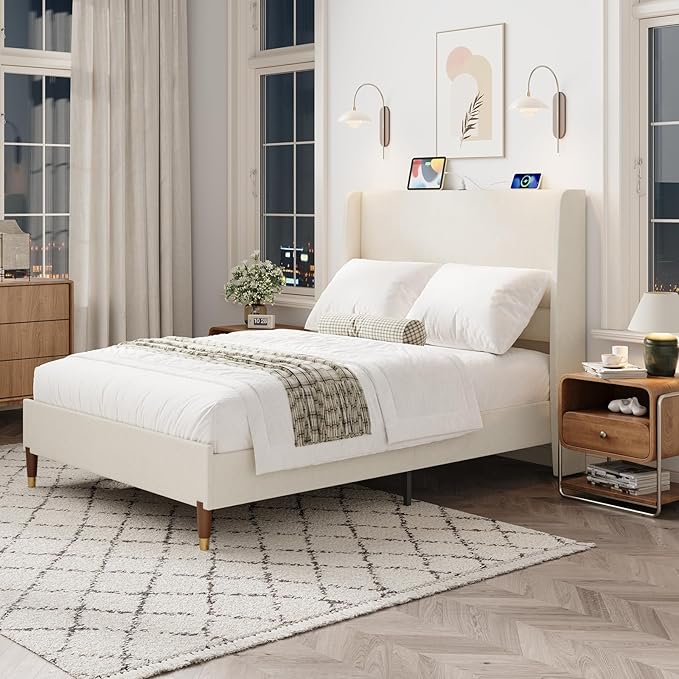 MALOL Full Size Bed Frame with Upholstered Headboard, Linen Fabric Platform Bed