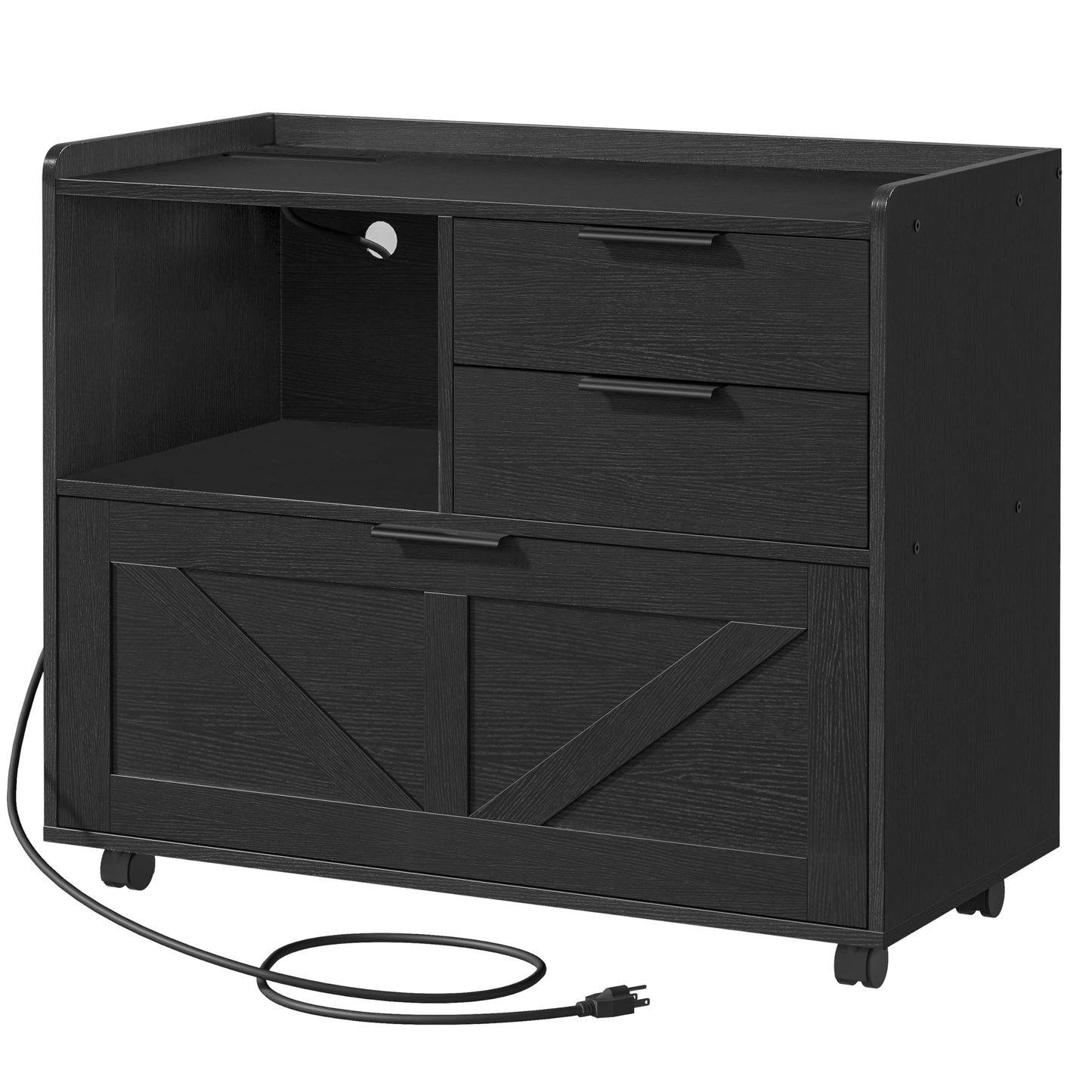 HOOBRO Lateral File Cabinet, Wooden Office Storage Drawers with Charging Station, Filing Cabinet for Home Office, A4/Letter/Legal-Sized Files, Printer Stand with Open Storage Spaces, Black BB37UWJ01