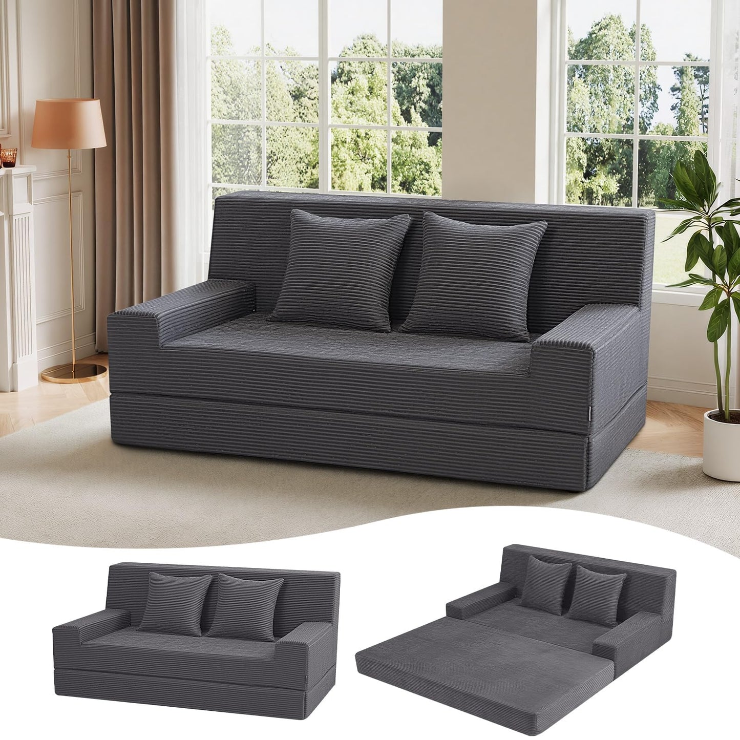MeMoreCool Folding Sofa Bed Boneless Couch, 59" Loveseat Convertible Futon, Corduroy Foldable 2-in-1 Floor Sleeper for Small Living Room, Apartment, Guest Room, Foam Support & Washable Cover, Grey