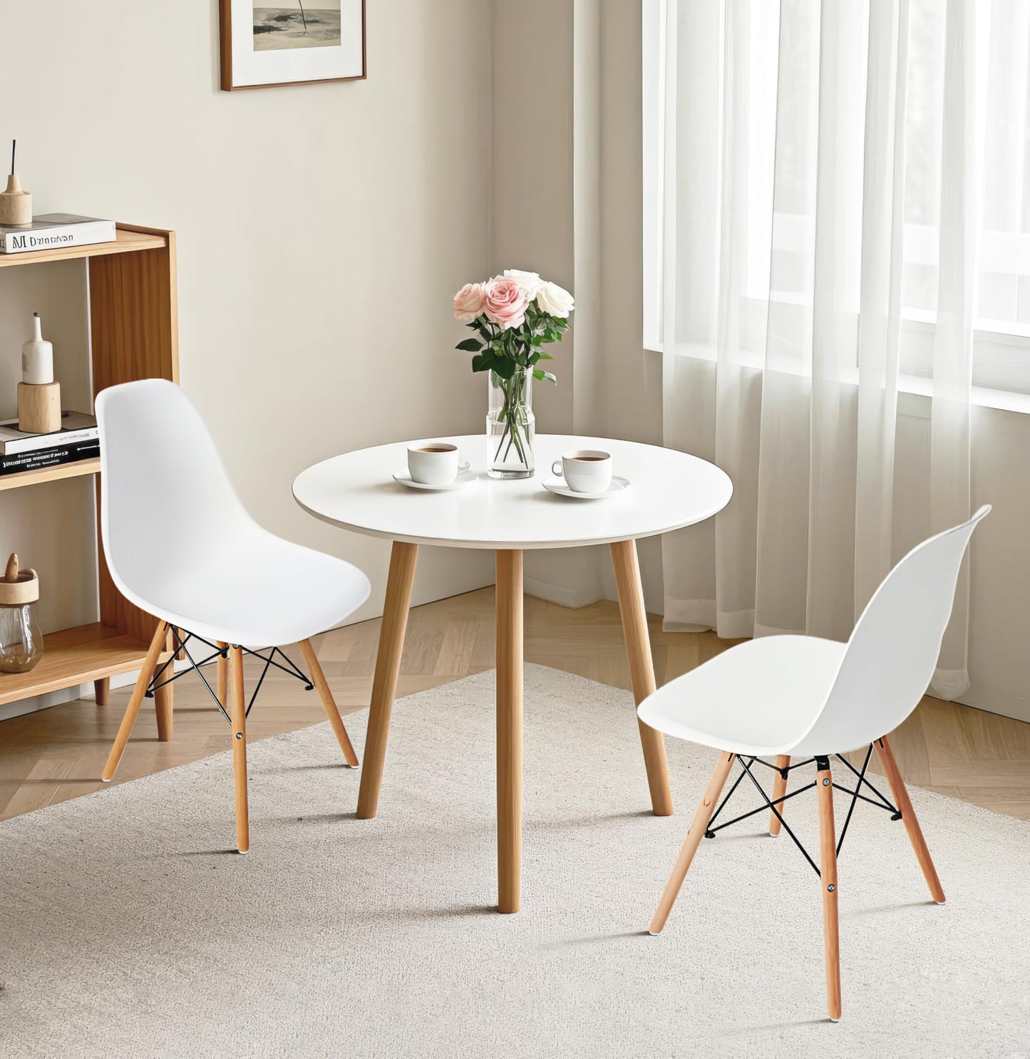 CangLong Modern Mid-Century Side Chair with Natural Wood Legs for Kitchen, Living Dining Room, White