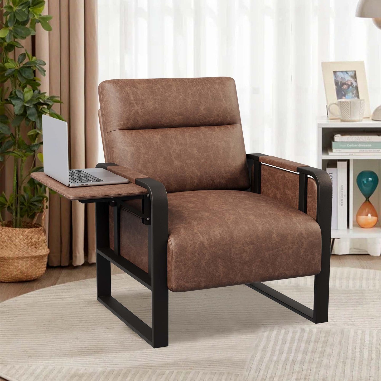 Apeaka PU Leather Accent Chair with Foldable Table, Modern Upholstered Armchair for Living Room Bedroom Office Side Chairs Dark Brown