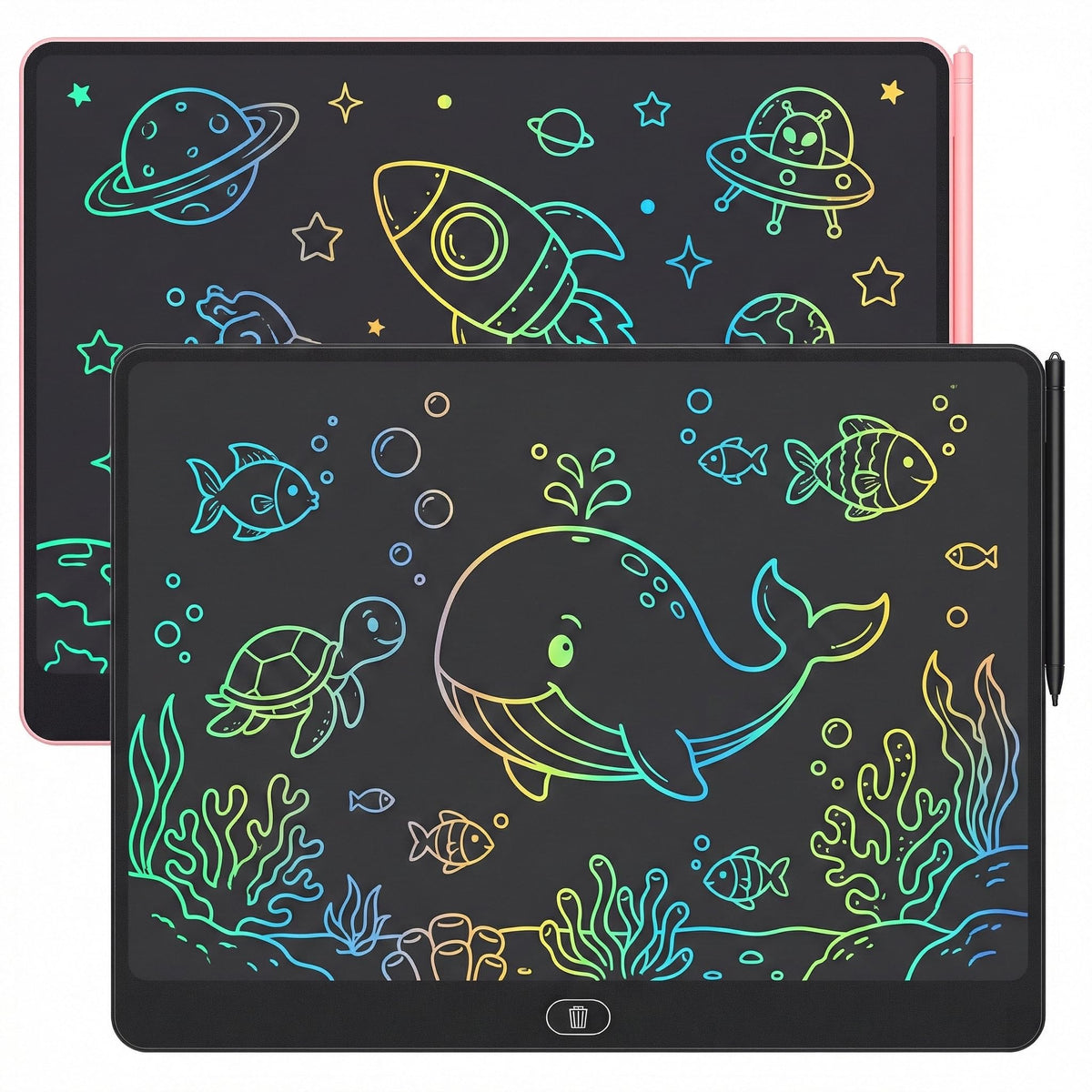 16 Inch LCD Writing Tablet for Kids 2 Pack, Large Drawing Board Doodle Pad, Colorful Screen Erasable Sketch Tablet, Travel Toys and Reusable Learning Gift for Boys Girls（Pink & Black