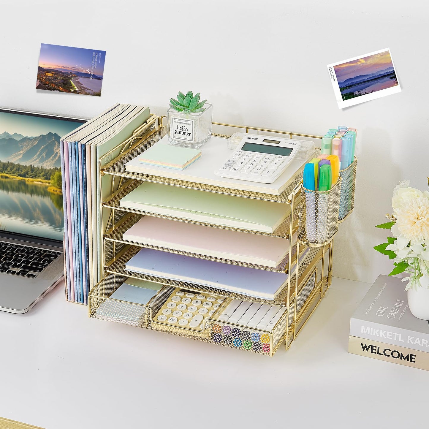 OPNICE Desk Organizer, 5-Tier Paper File Organizer with Drawer & Pen Holder, Office Desk Accessories, Workspace Desktop Organizer for Office Supplies(Gold)