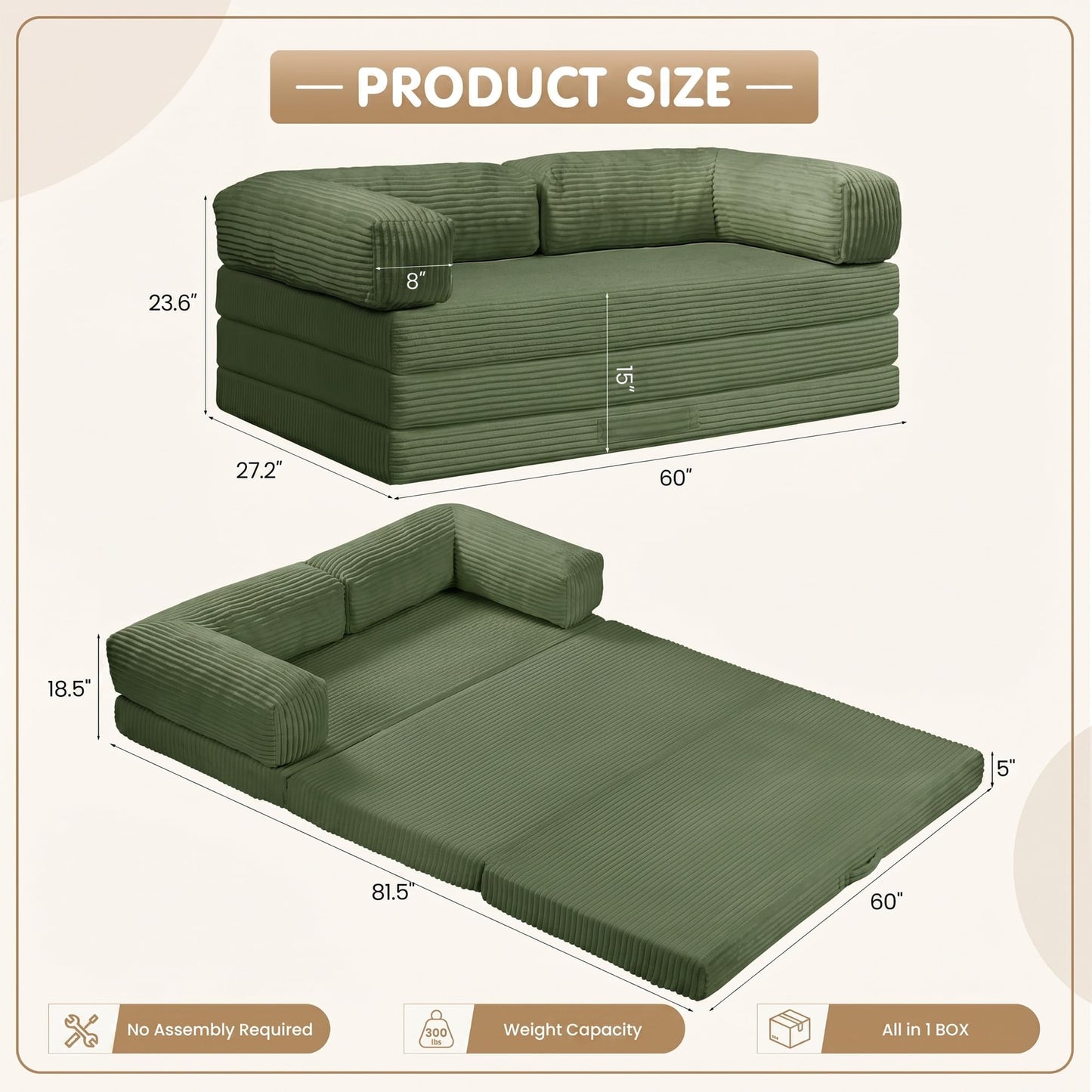 Convertible Sofa Bed,60" Boneless Couch,Tri Folding Floor Mattress with Removable L-Shaped Armrests & Handle,Corduroy Futon Couch Sleeper with Pull Out Bed for Living Room Bedroom Apartment