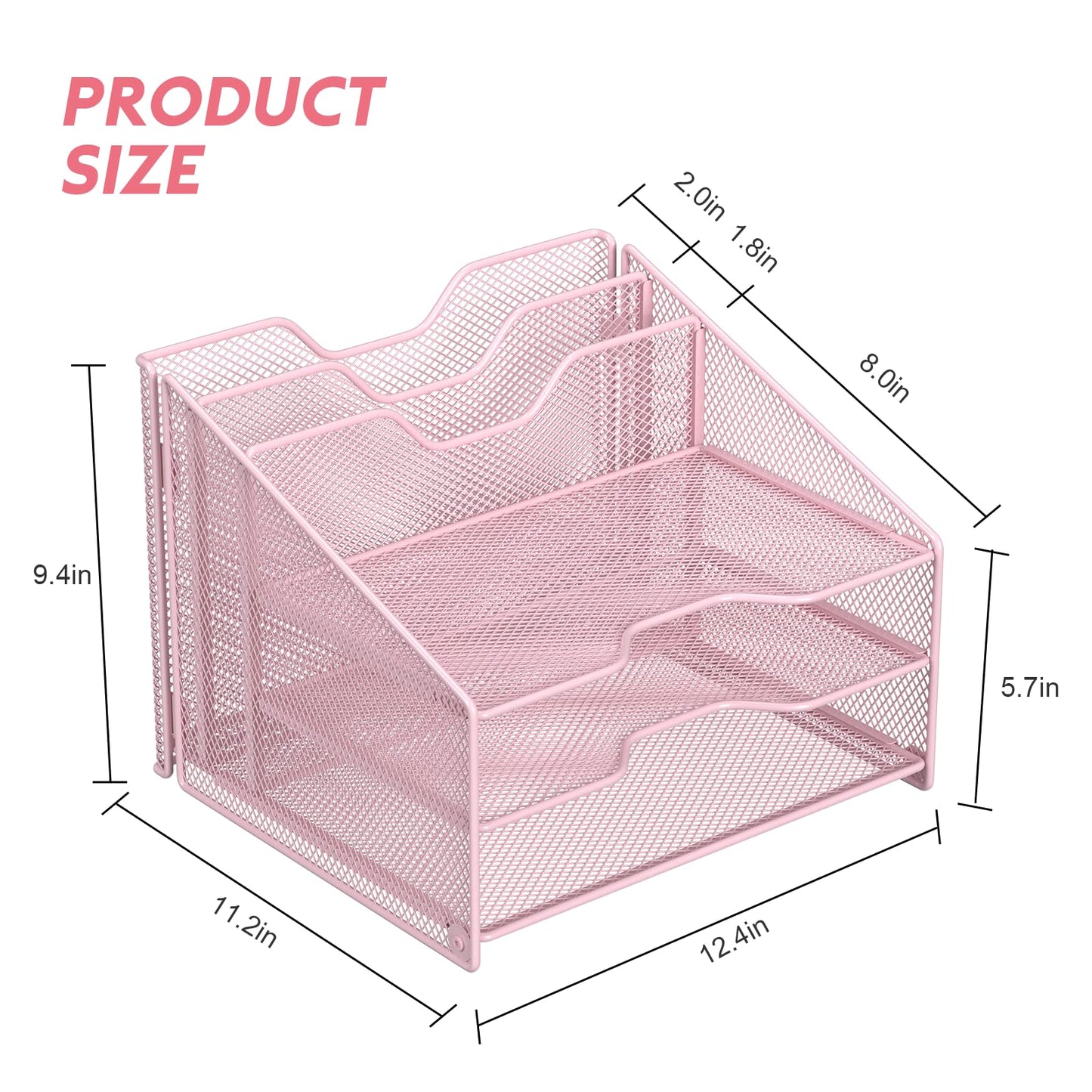 Samstar Pink Desk File Organizer, Mesh Letter File Folder Holder with 3 Paper Trays and 2 Vertical Upright Section, for Office Supplies, Desk Accessories & Workspace, Pink
