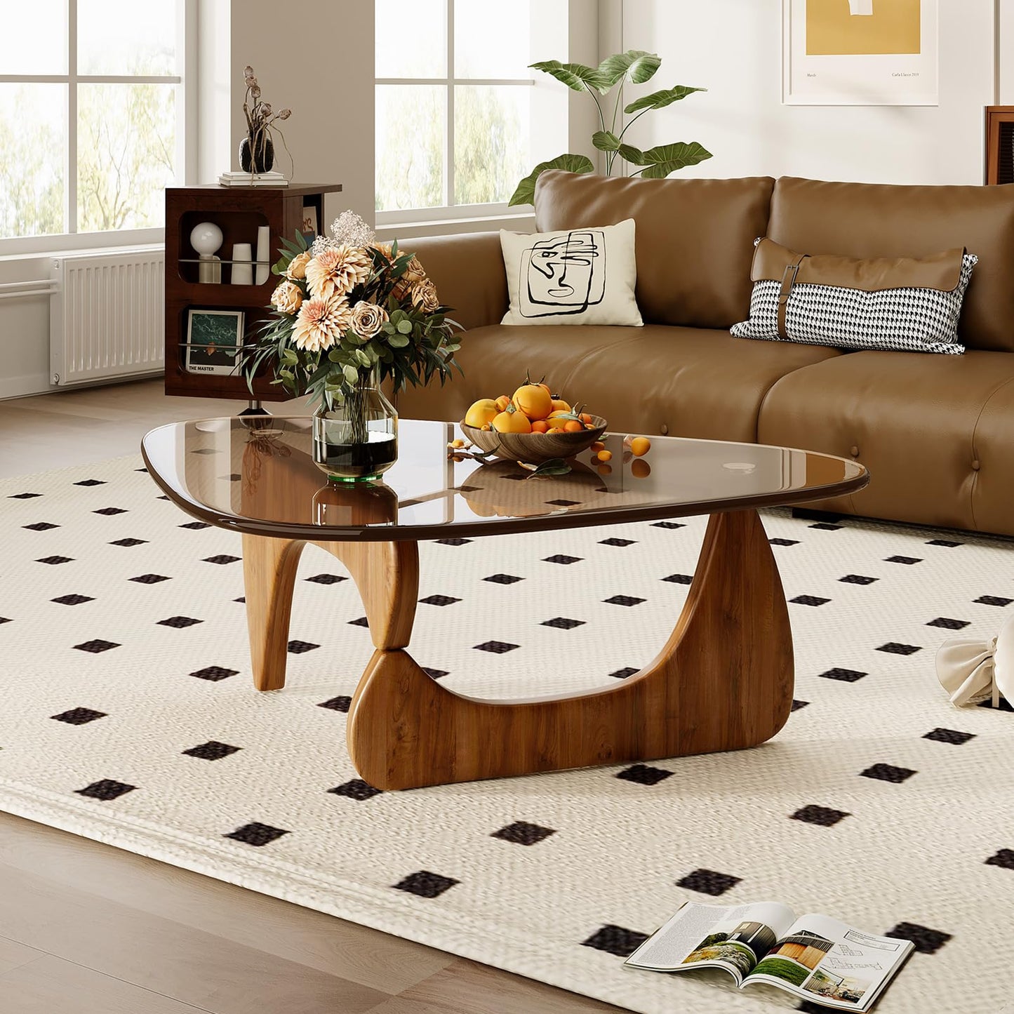 JCAJCA Coffee Table for Living Room Mid Century Modern Center Table with Glass Top and Wood, 32 Inch, Brown/Walnut
