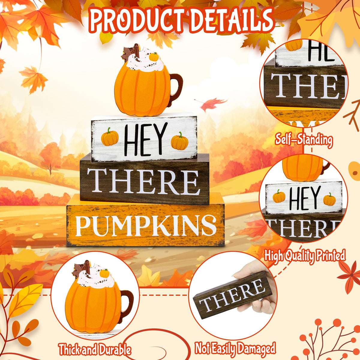 4 Pcs Fall Decor Wooden Tiered Tray Decor, Pumpkins Autumn Decorations Gifts for Home, Thanksgiving Table Centerpiece for Autumn Harvest Party Kitchen