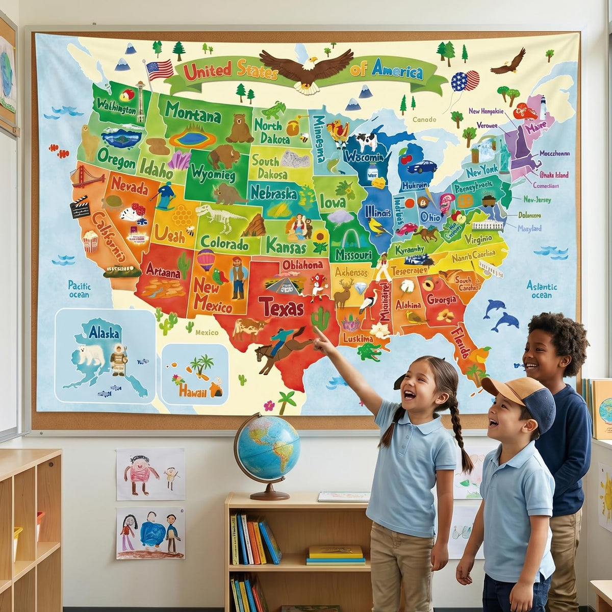 BASHOM TP-008 United states MAP Tapestry 60''x40''(150x100cm) Poster for Kids Educational learning Wall Hanging for Bedroom Living Room Nursery Dorm Home Decor USA America US map