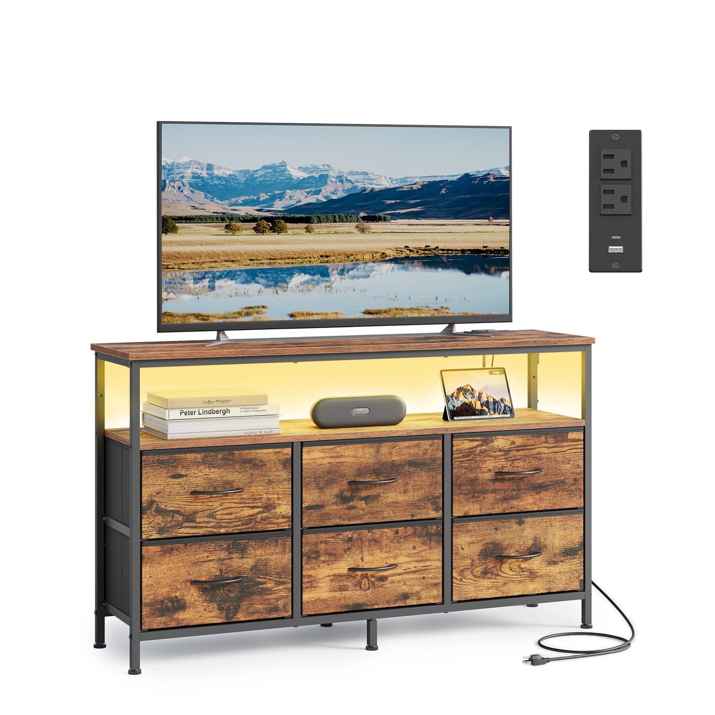 SONGMICS BELLAH Collection - Dresser for Bedroom, Chest of Drawers, TV Stand for TVs Up to 55 Inches, Living Room, Closet, 6 Drawers and 1 Shelf, Industrial, Rustic Brown and Ink Black ULGS833KD02S