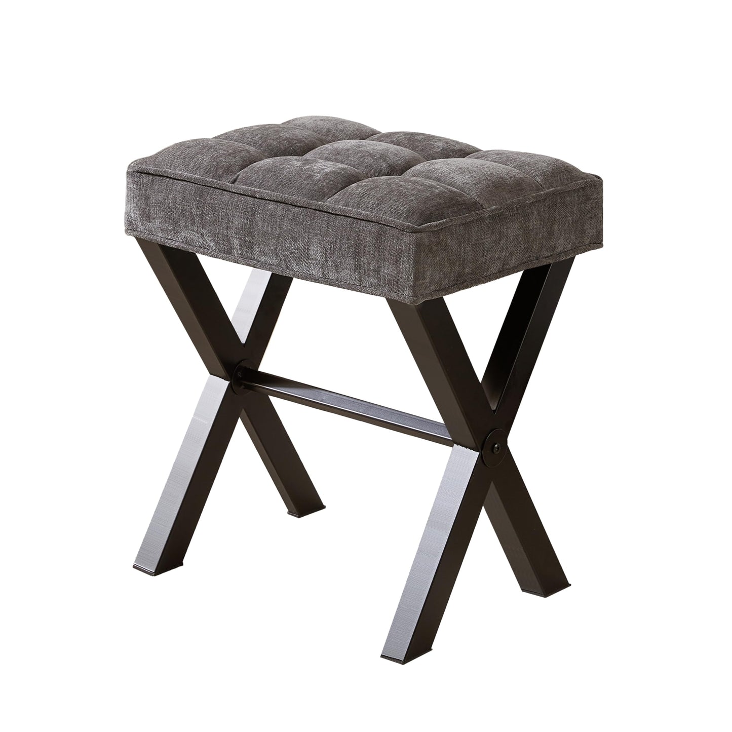 Royal Windsor Vanity Stool,Square Ottoman Stool Foot Rest,Upholstered Vanity Chair Foot Stool with Metal X Legs, Small Vanity seat for Entryway,Bedroom and Living Room,Linen Dark Grey