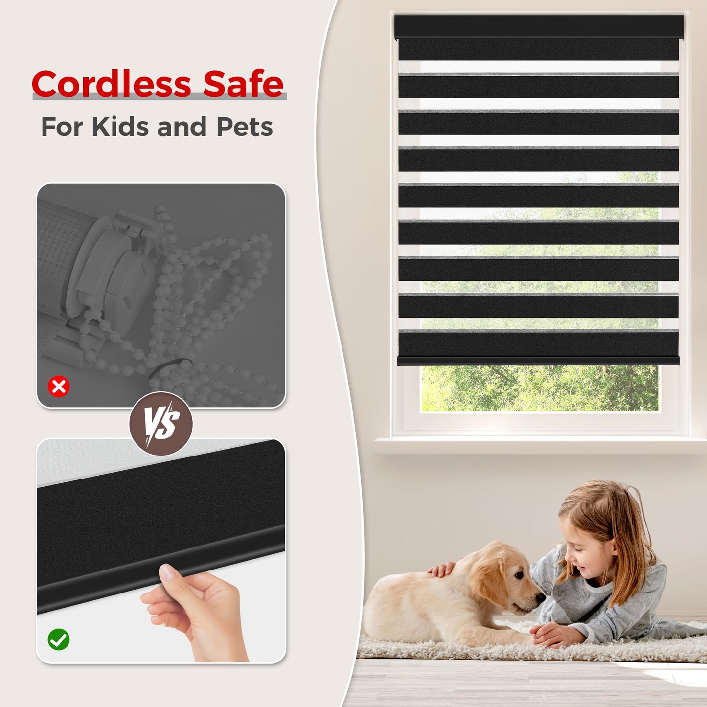 Allesin zen Cordless Zebra Blinds 22" W x 48" H Black, Dual Layer Day and Night Shades, Room Darkening Blackout & UV Protection, Child & Pet Safe, Easy Install, Home Office Window Treatment