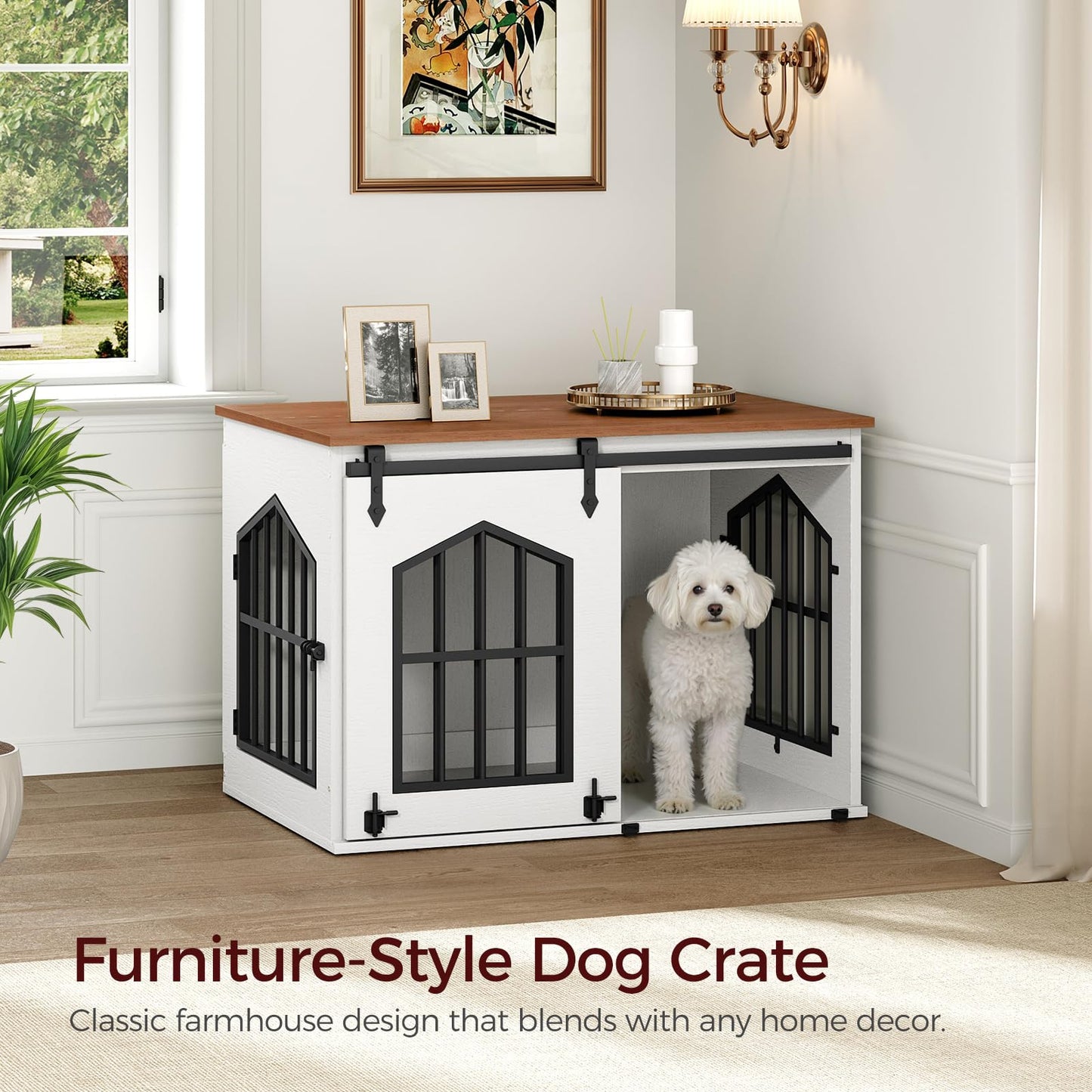MAHANCRIS Dog Crate Furniture, 31.5" Farmhouse Dog Kennel with Sliding Barn Door, Wooden Dog Cage for Small Medium Dogs, Decorative Pet House Side End Table, Chew-Resistant, White and Walnut DCBA9601