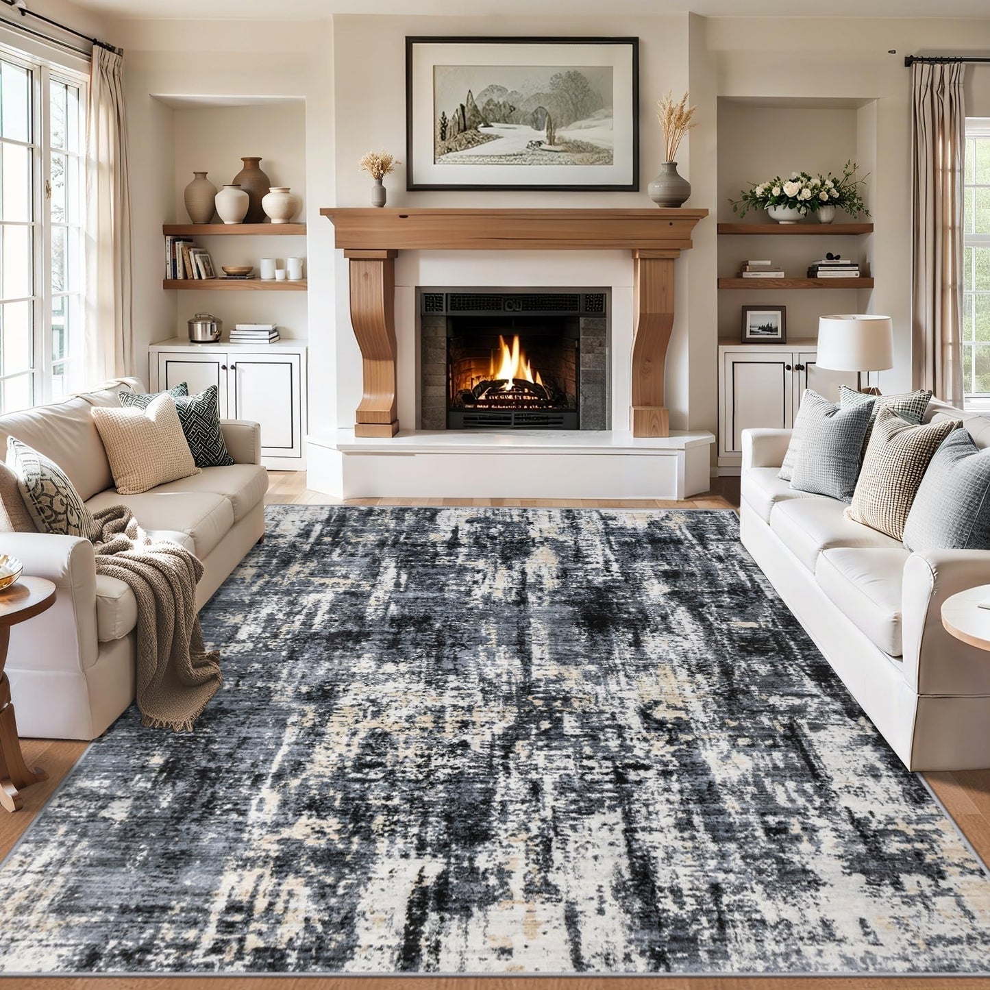 8x10 Area Rugs for Living Room - Washable Rug Modern Abstract Soft Large Neutral Non-Slip Carpet Indoor Floor Thin Carpets for Bedroom Dining Room Farmhouse Nursery Home Office Black Gold