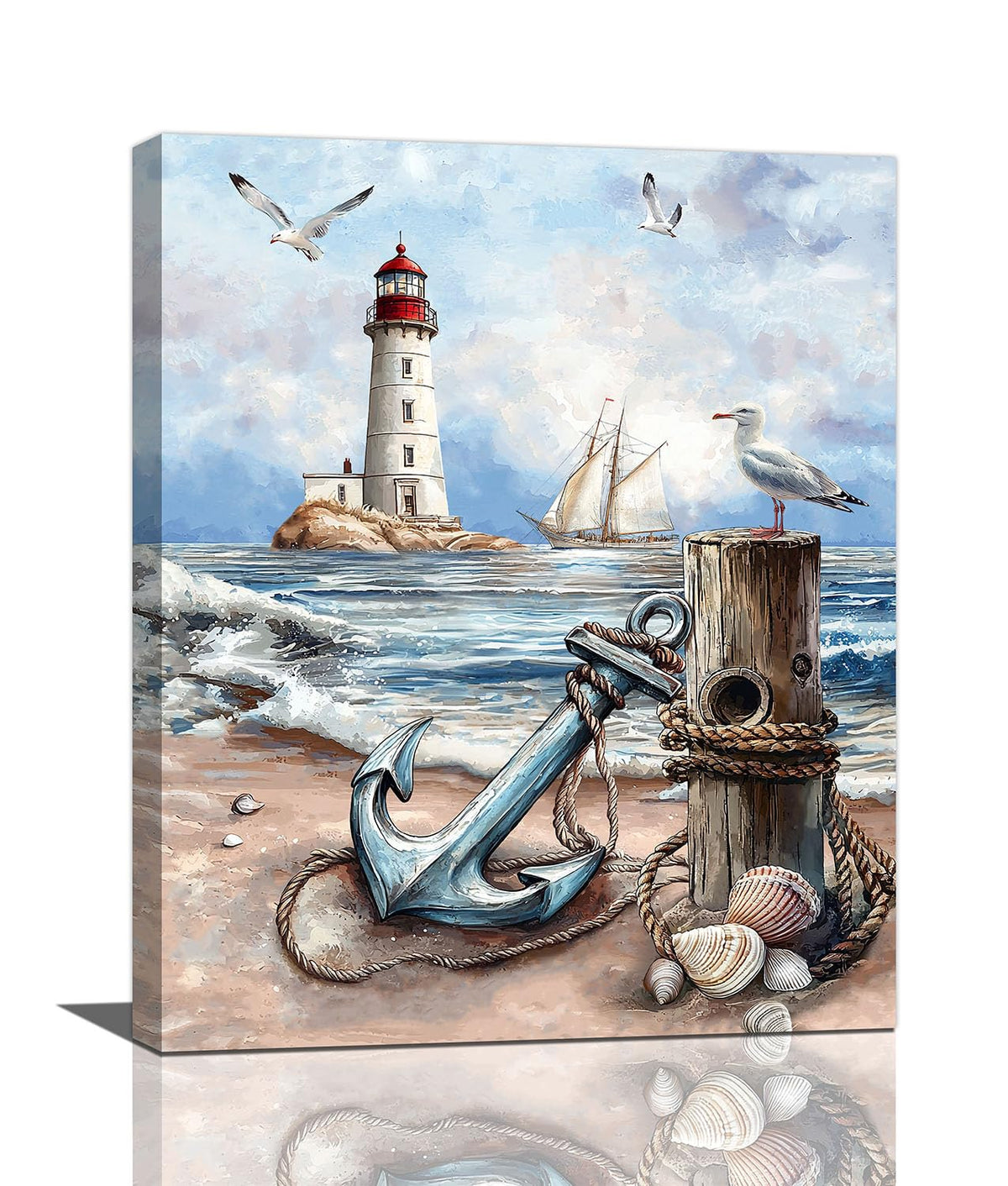 Nautical Wall Art Beach Lighthouse Anchor Pictures Wall Decor Coastal Canvas Prints Framed Paintings Artwork For Bathroom Kitchen Bedroom Dinning Room Living Room Office 16"x20"