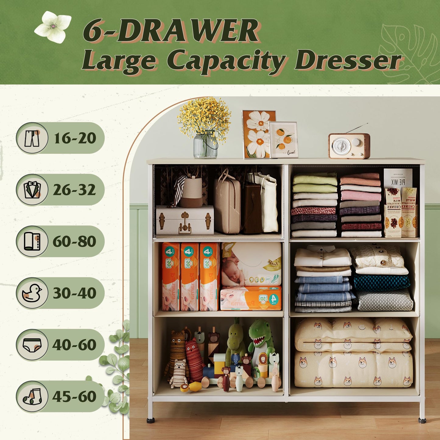 WLIVE Fabric Dresser for Bedroom, 6 Drawer Double Dresser, Closet Dresser with Fabric Bins, Chest of Drawers for Closet, Living Room, Hallway, Light Grey