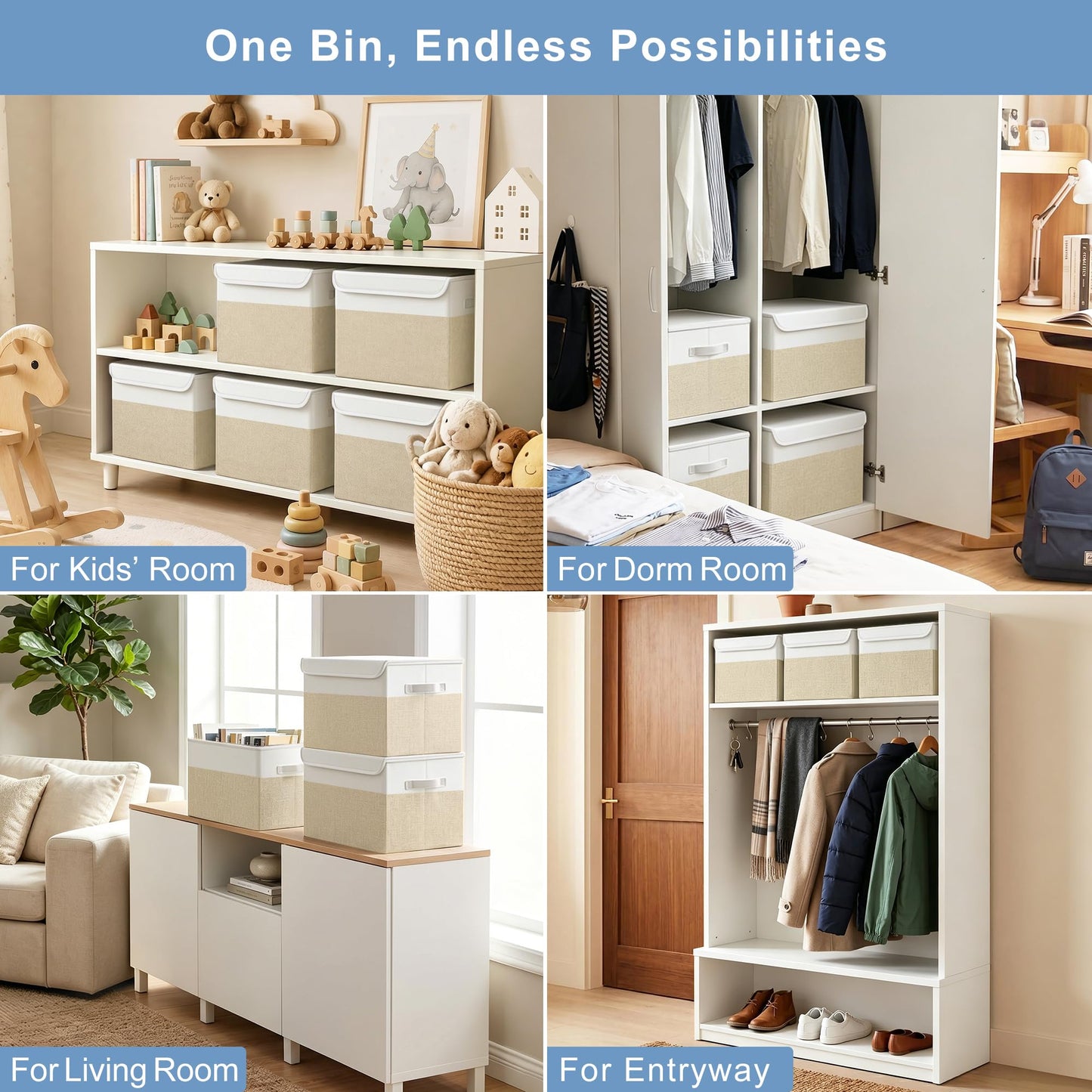 Bagnizer Large 22 Quart Linen Fabric Foldable Storage Bin Cube Organizer Basket with Flip-Top Lid & Handles, Clothes Blanket Box for Home, Office, Closet, Beige & White, 4 Pack 14.6 x 9.5 x 9.5”