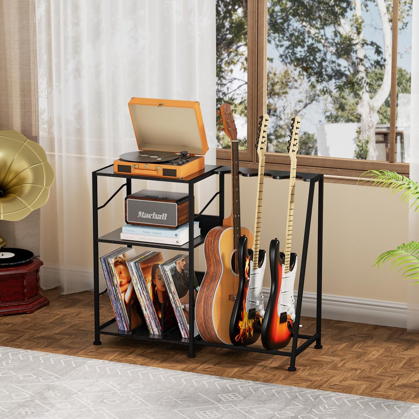 Hosfais Record Player Stand, 3 Tier Guitar Stand for Acoustic, Electric Guitar, Bass Stand, Vinyl Record Storage Up to 200 Albums, Brown Records Shelf for Living Room Bedroom (Black)
