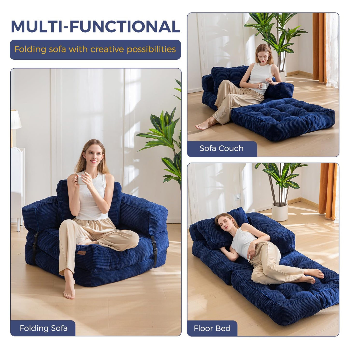MAXYOYO Folding Sofa Bed, L-Shaped Convertible Sofa Bed with Armrest Foldable Sleeper Sofa with Pillow, Portable Fold Out Chair Bed Comfy Floor Lounge for Living Room Bedroom, Navy