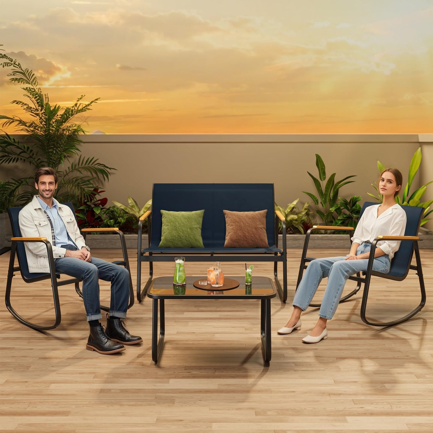 Ahomly 4-Piece Patio Furniture Set, Textilene Outdoor Conversation Set with 2 Rocking Chairs and Tempered Glass Coffee Table, for Lawn, Garden, Balcony, Poolside (Blue)