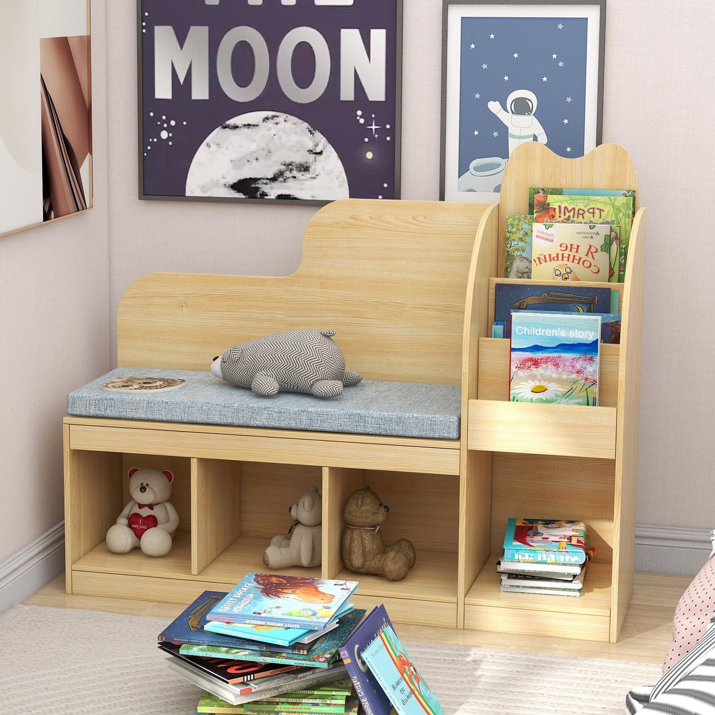 TaoHFE Kids Bench with Bookshelf & Toy Storage, Engineered Wood Toddler Reading Nook with Removable Cushion, Cubby Organizer & Bookcase for Playroom Bedroom Nursery