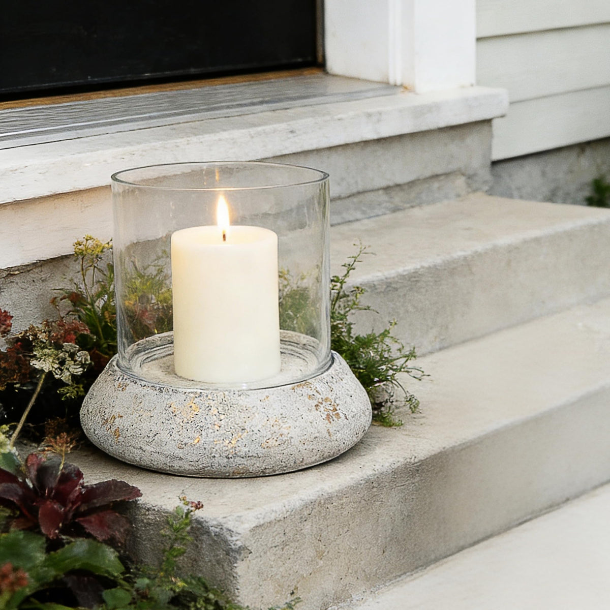 10.5" Farmhouse Glass Hurricane Candle Holder & Glass Vase with Shabby White Metal Base for Pillar & Flower Arrangement, Candlestick Holder, Terrarium, Centerpiece, Console Table, Dining Table, Mantel