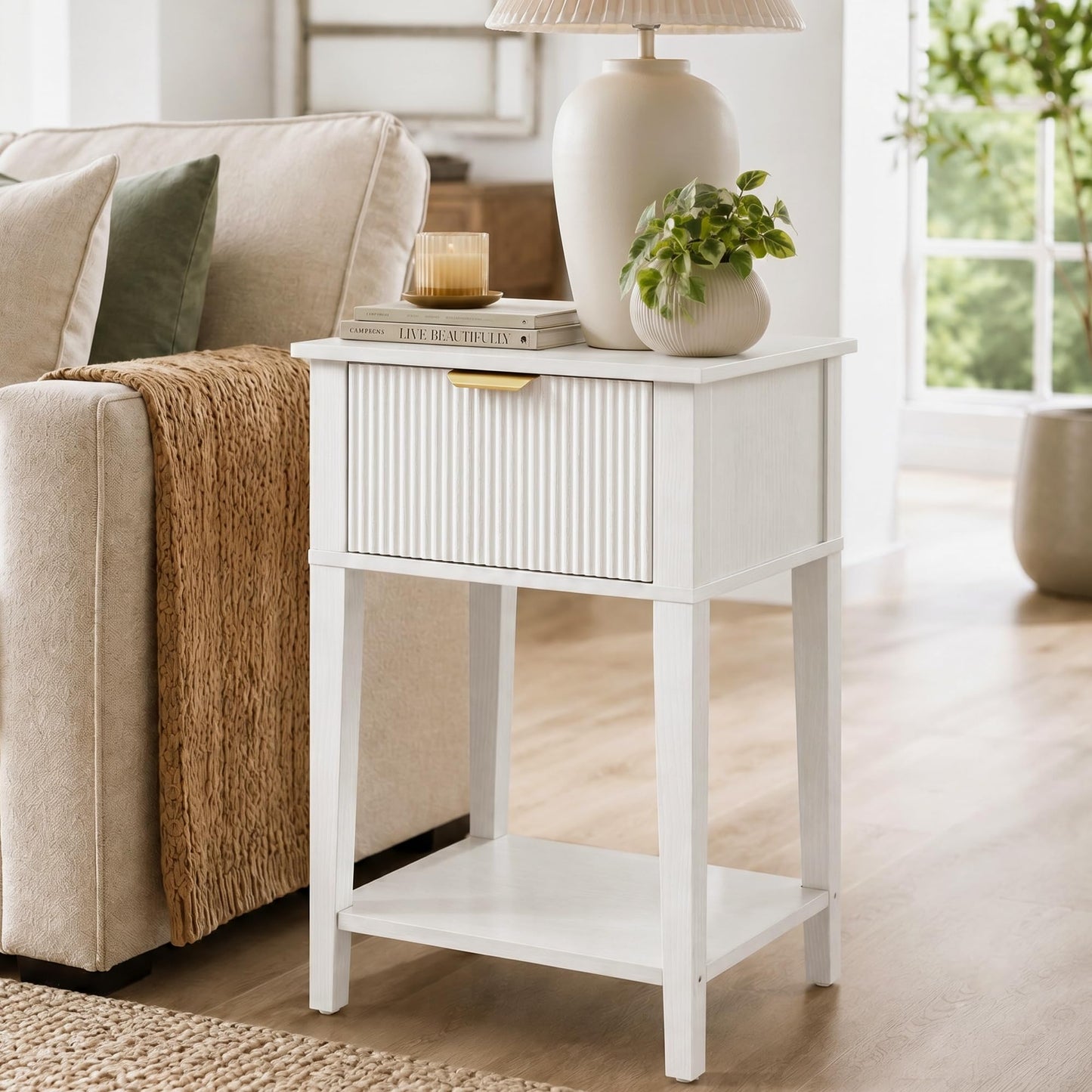 RIHHA Modern Fluted Small Wood Nightstand, 11.8" Deep x 15.4" Narrow Bedside Table with Drawer & Open Shelf, Farmhouse Chic Accent Side Table for Bedroom & Sofa - White