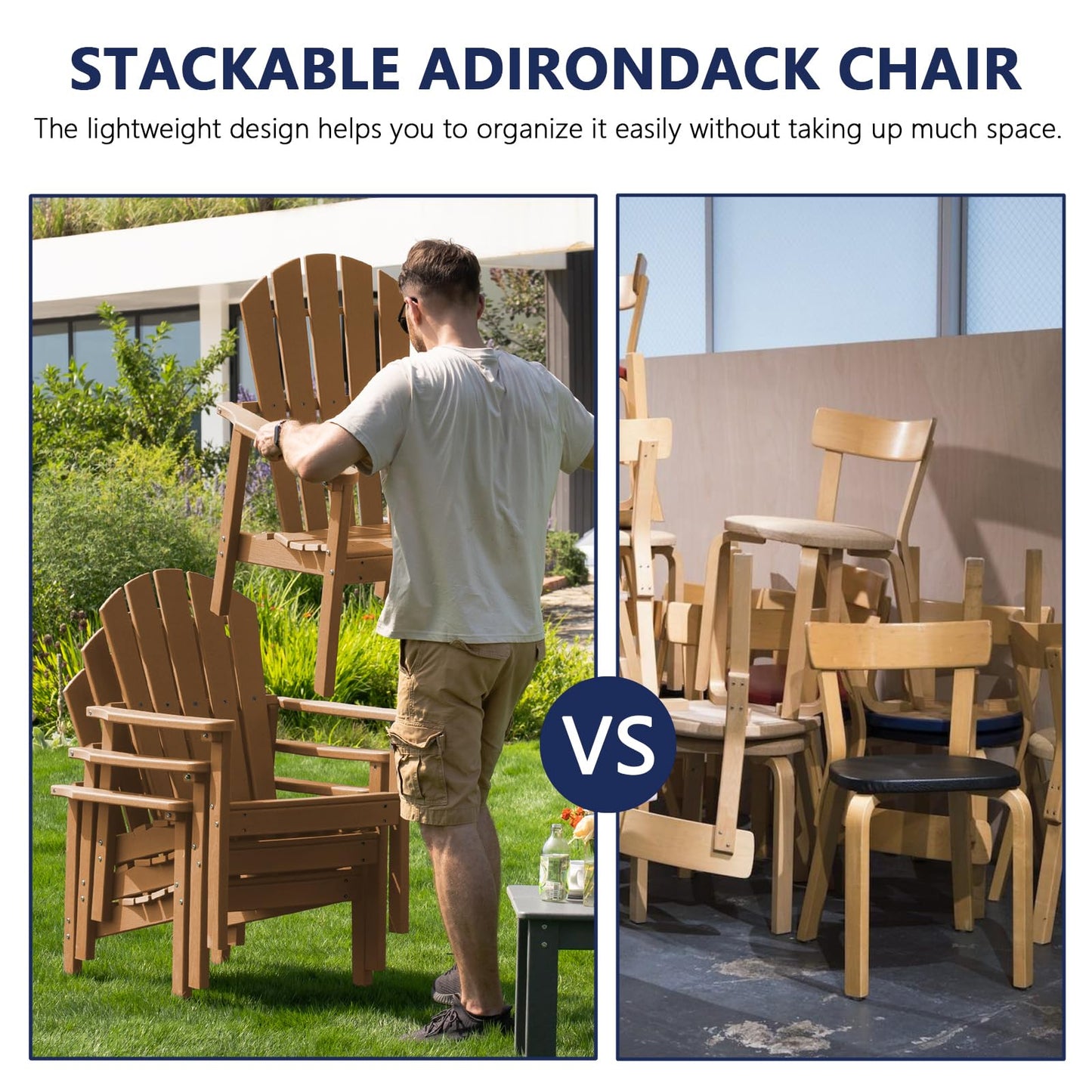 nevilywood Compact Stackable Adirondack Chairs,All Weather HDPE,380lb,Teak