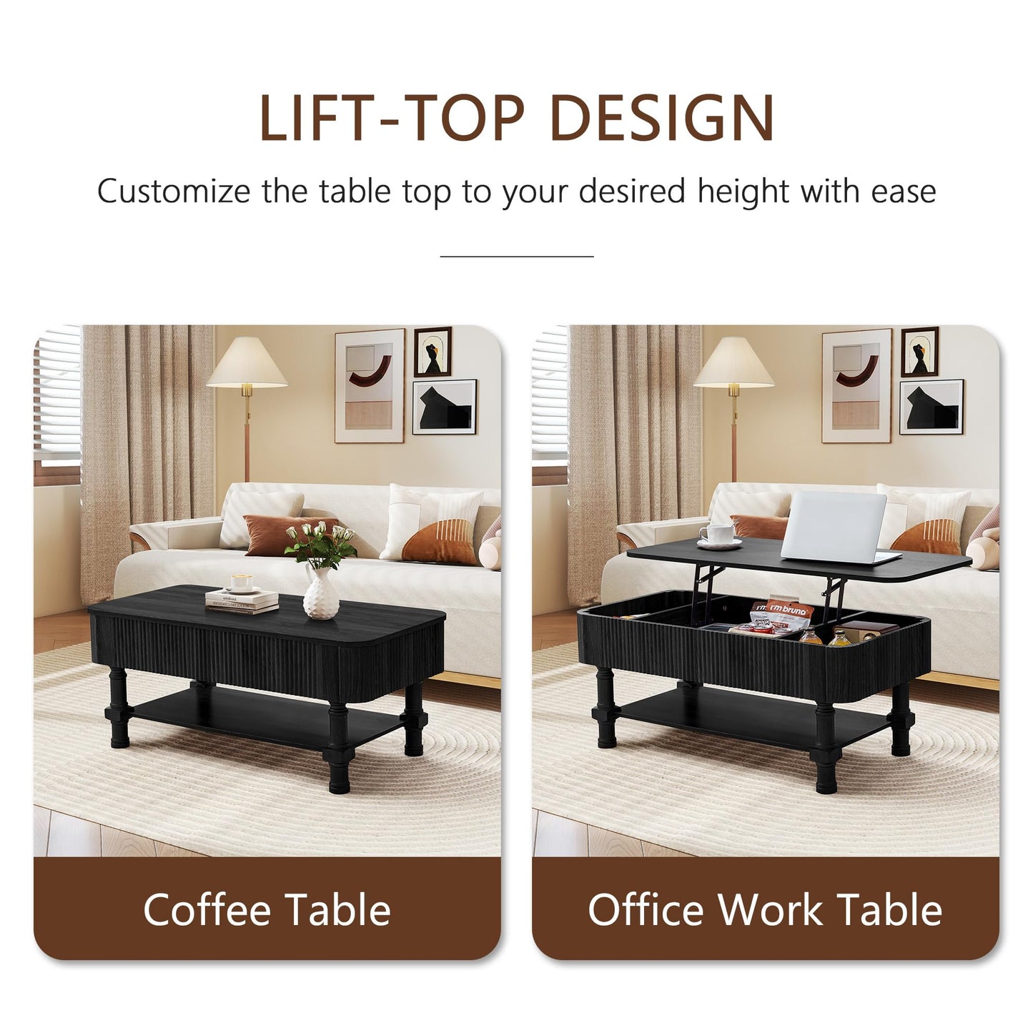 39”Large Lift Top Coffee Table with Hidden Storage Compartment,Fluted Coffee Tables Fully Assembled Wooden Center Table,Mid Century Modern Lift Tabletop Dining Table for Living Room Home Office,Black