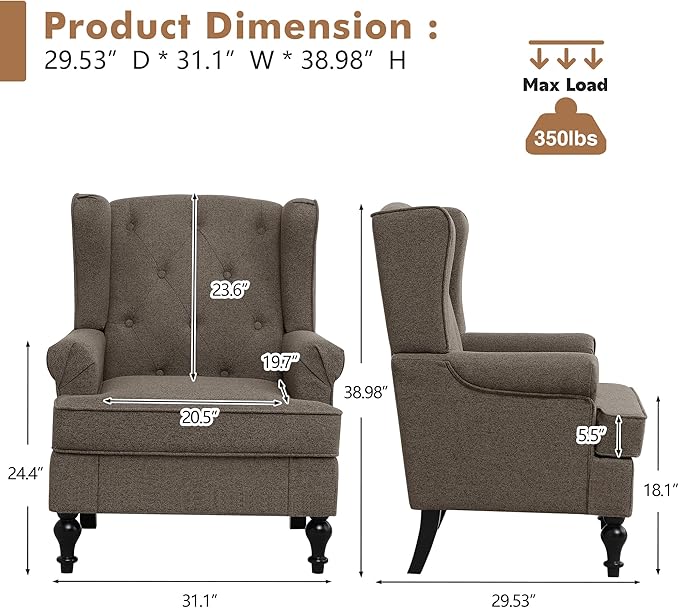 Accent Chair for Living Room, Mid Century Modern Upholstered Armchair, Wingback