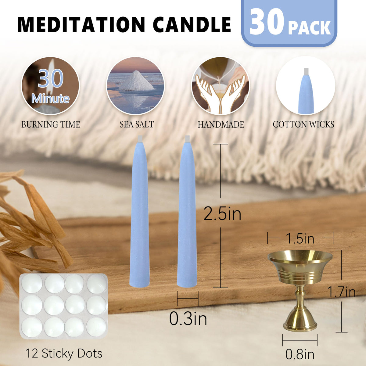 30 Minute Meditation Candle Seasalt Scented Mini Taper Candles with Brass Holder & Candle Sticky Dots, Blue Meditation Candles for Ritual Prayer Yoga Relaxation, 30PCS