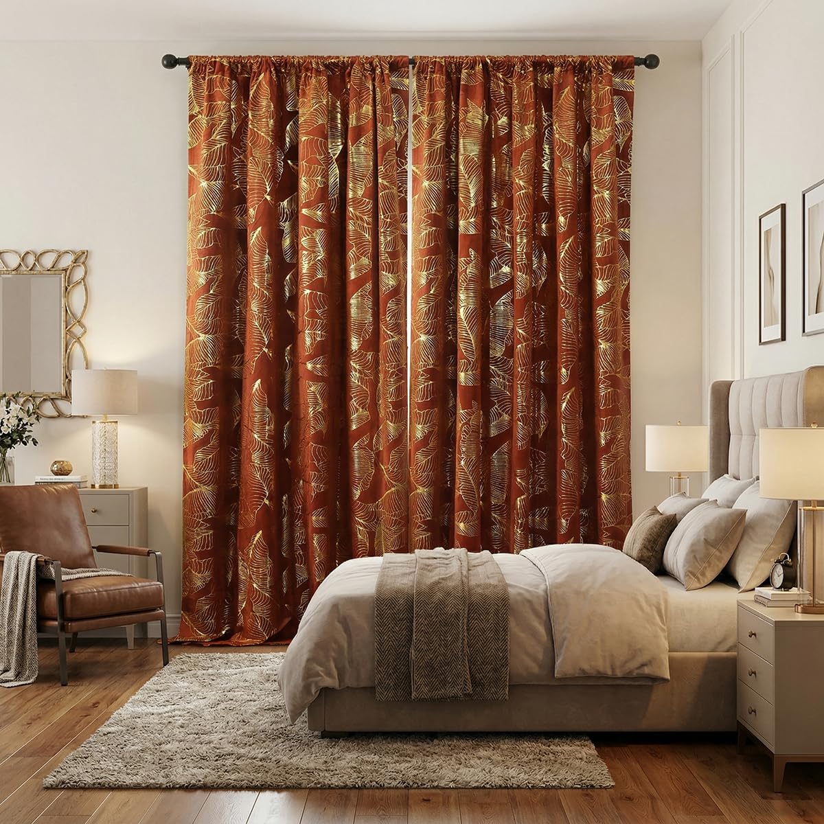 Tootop Burnt Orange Velvet Curtains Leaf Gold Foil Print 63" Long Soft Shiny Thick Fabric Insulated Blackout 70% Decorative Luxury Living Room Elegant Bedroom Rod Pocket 2 Panel (52" W x 63" L)