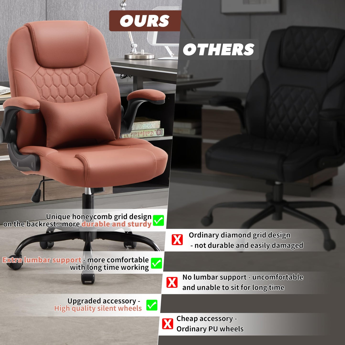 Nexthro Executive Office Chair PU,Leather Office Chair with Wheels,360° Swivel Rolling Chair with Padded Arms,Ergonomic Computer Chair with Lumbar Support for Short People Use(Brown)