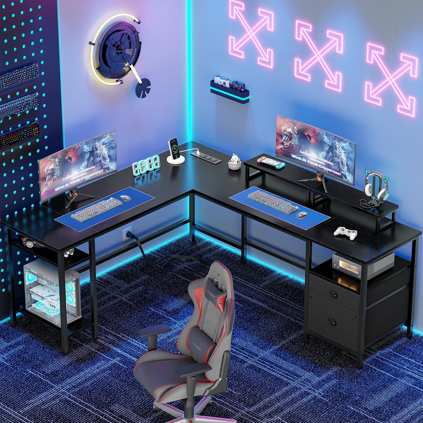 Furologee 66” L Shaped Desk with Power Outlet, Reversible Computer Gaming Desk with File Drawer & 2 Monitor Stands for Home Office with Storage Shelves, Black