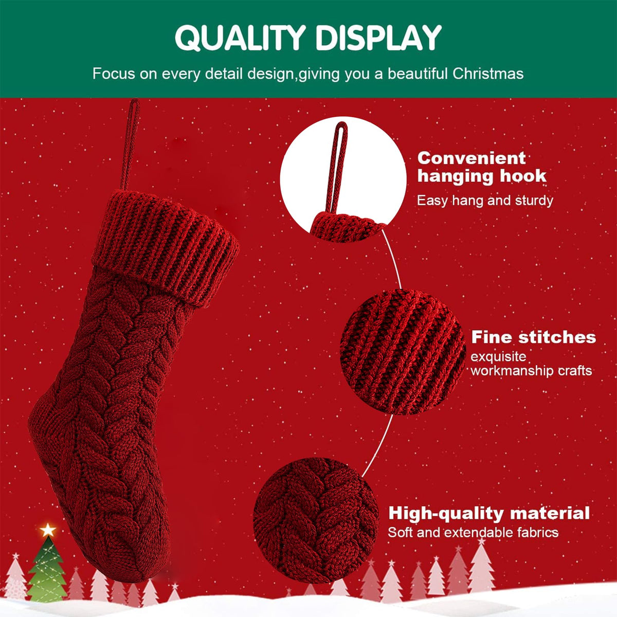 Fesciory 18 Inches Christmas Stockings Bulk, 6 Pack Large Size Cable Knitted Fireplace Hanging Stockings for Family Holiday Xmas Party Decorations, Burgundy&Ivory White&Green