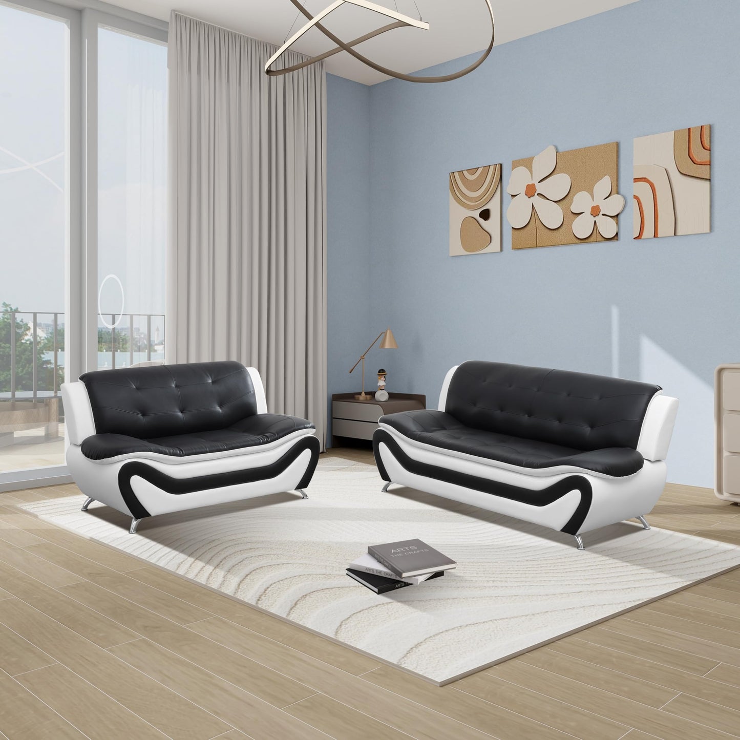 Modern 1 2 3-Piece Living Room Sofa Set, Black and White Faux Leather, Loveseat, Chair, for Apartments and Hotels