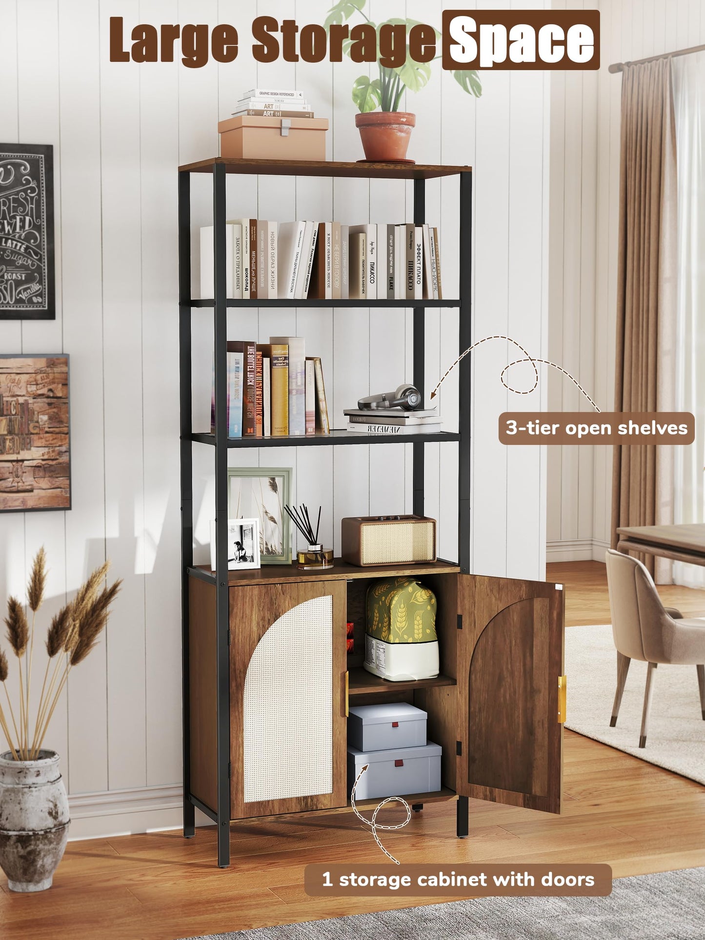 Qriocioa 71" Tall Rattan Bookcase with LED Light, 3 Open Shelves & 2 Door Storage Cabinet, Mid Century Boho Bookshelf, Open Display Bookcase for Living Room, Home Office, Bedroom
