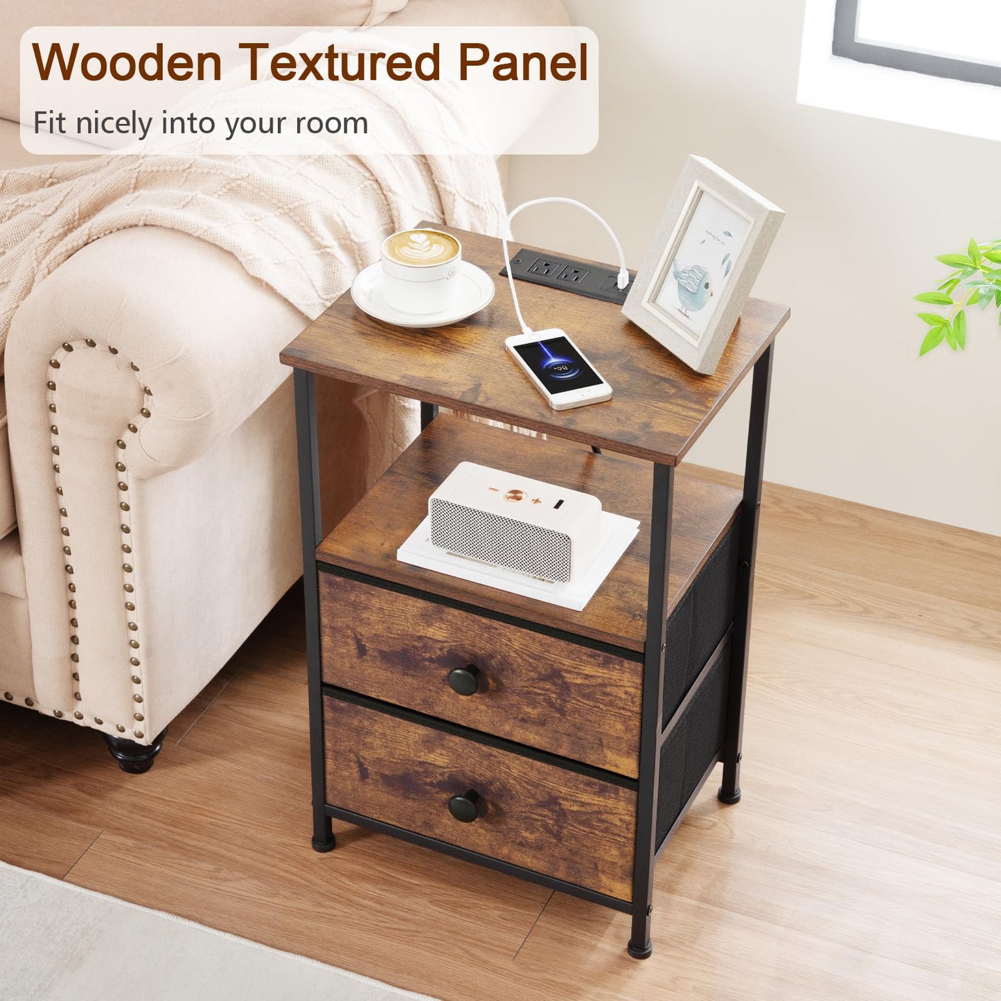 LOAKEKEL Nightstands Set of 2, Night Stand with Charging Station, End Tables with Storage Shelf for Small Spaces, Bedside Table with 2 Fabric Drawers for Bedroom, Rustic Brown, HETS020PBR