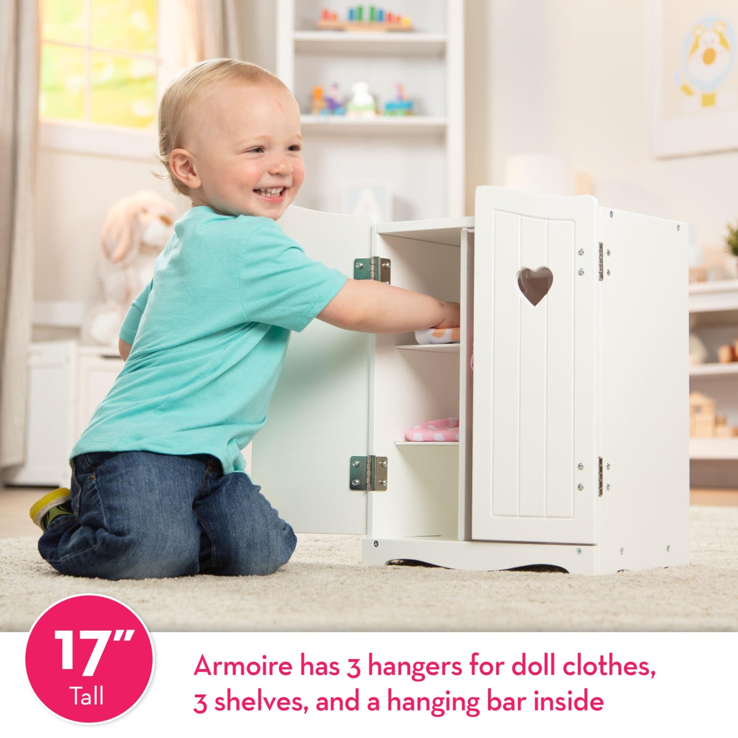 Melissa & Doug Mine to Love Wooden Play Armoire Closet for Dolls, Stuffed Animals - White (17.3”H x 12.4”W x 8.5”D Assembled) Wooden Pretend Play Closet, Doll Wardrobe