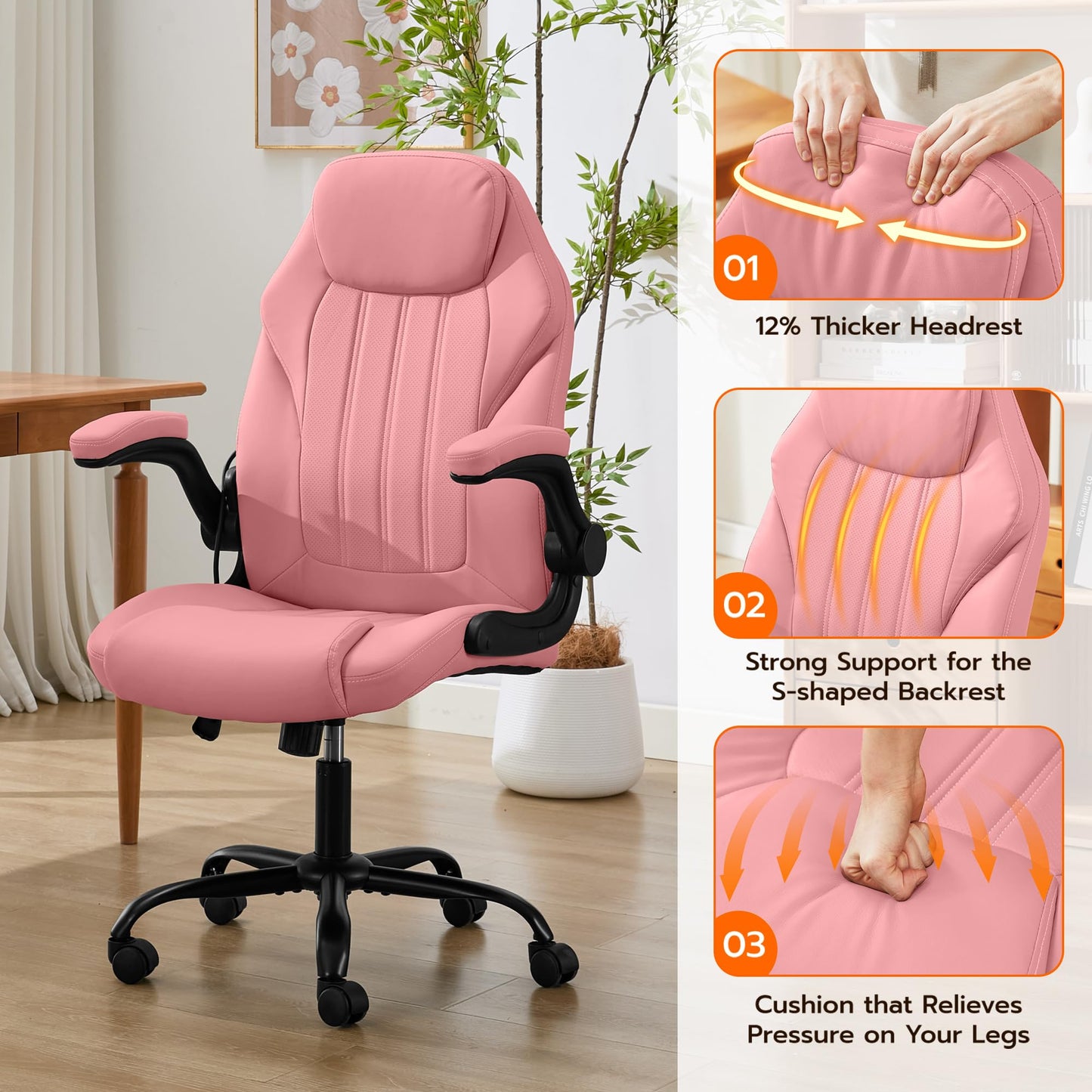 Ylzyxal Office Desk Chair, Ergonomic Computer Chair with Padded Flip-Up Arms and Adjustable Lumbar Support, PU Leather Executive Chair with Tilt Lock and 360° Swivel Rolling Wheels for Work, Study
