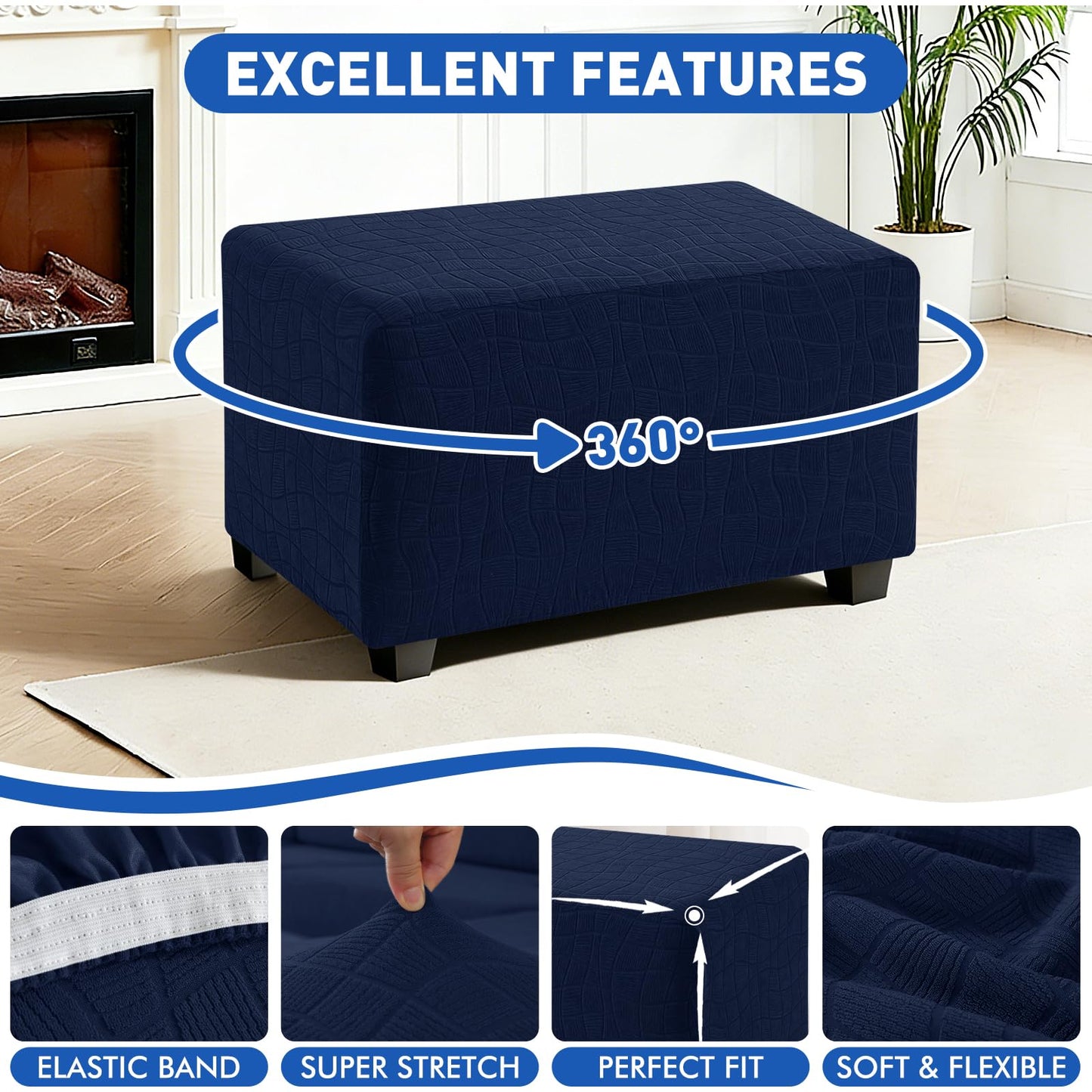 MAXIJIN Waterproof Ottoman Cover Rectangle Stretch Ottoman Slipcovers Square Thick Stool Covers Storage Footrest Furniture Protector with Non-Slip Elastic Bottom (Small, Navy Blue)