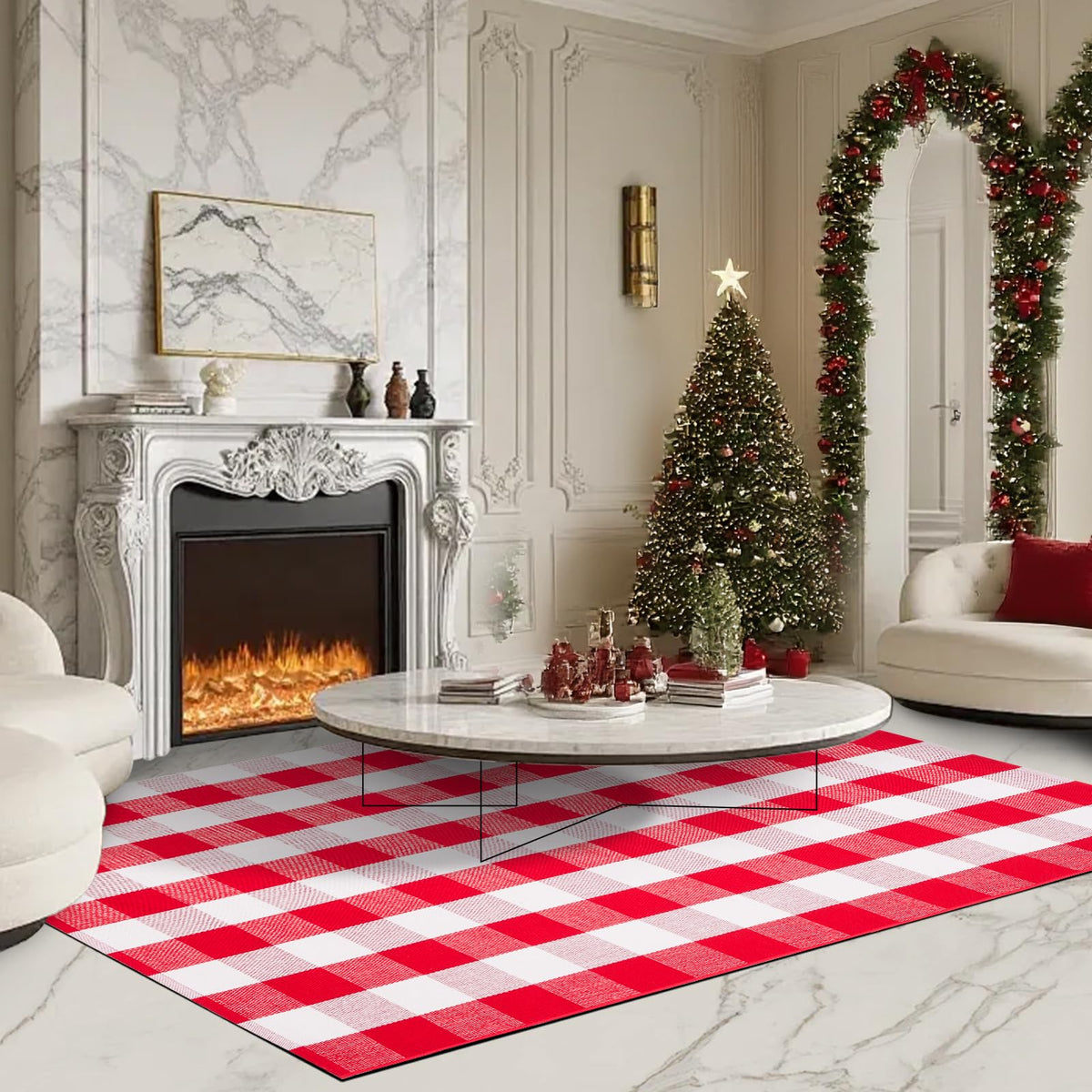 Christmas Red and White Plaid Rug 4 x 6 Ft, Hand-Woven Indoor/Outdoor Layered Cotton Blend Buffalo Plaid Rug, Washable Front Door Mat, Perfect for Porch, Living Room, Entryway