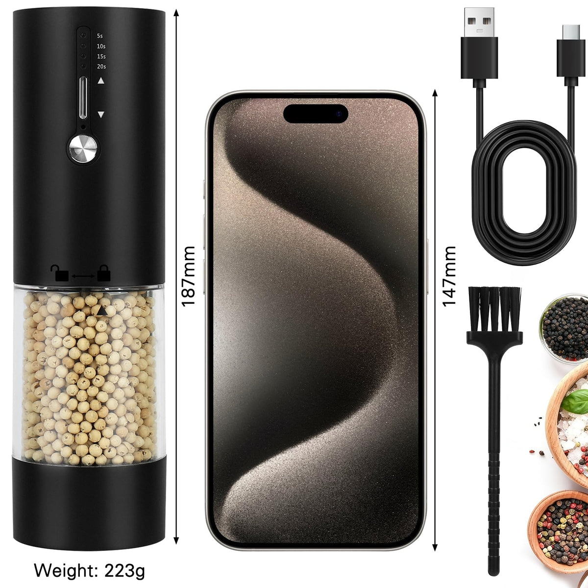 118ml Large Capacity Electric Salt,Pepper and Spice Grinder,USB-C Rechargeable Automatic Mill with 15 Precise Settings, LED Light, Premium Matte Black Kitchen Gadget [Single Pack]