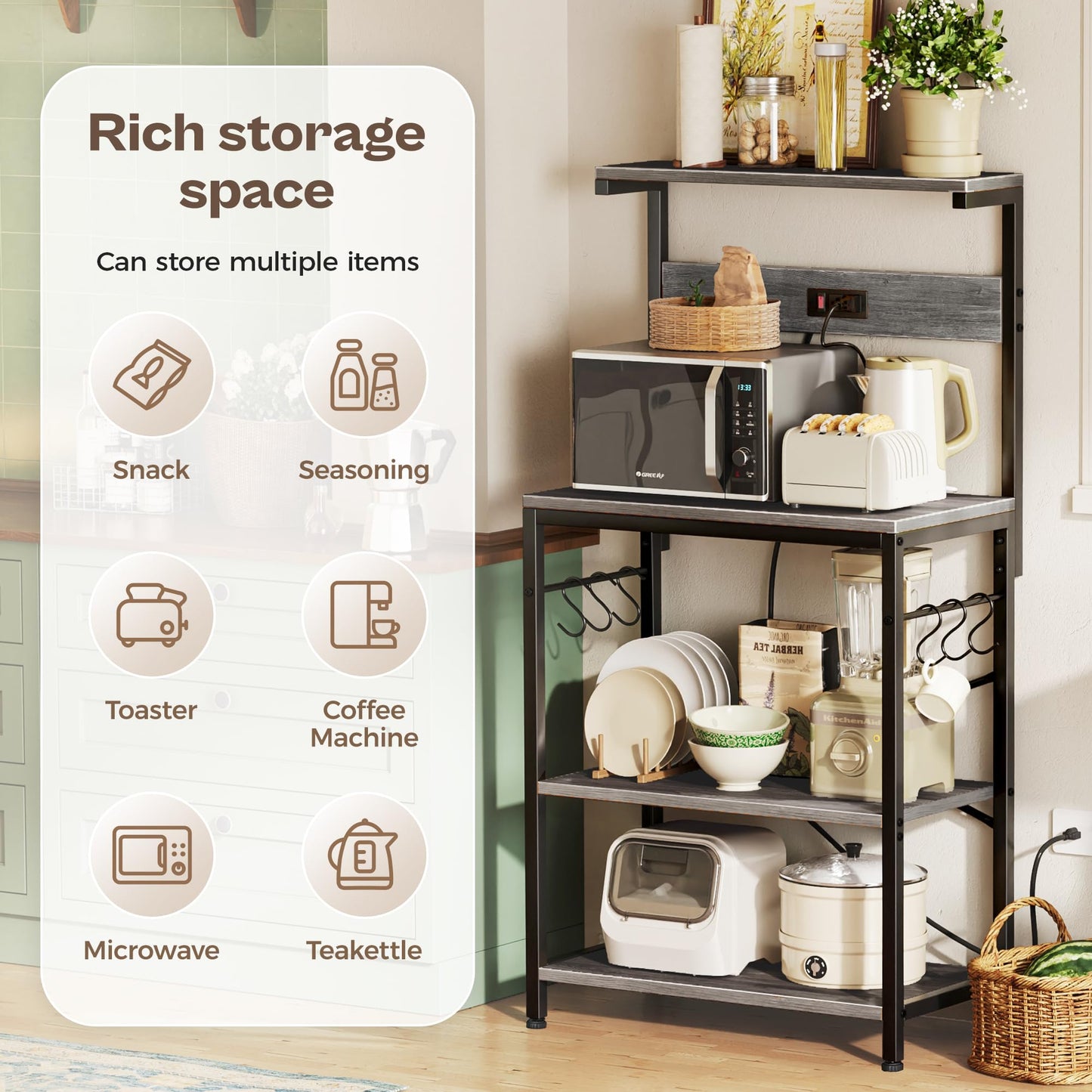 SUPERJARE Kitchen Bakers Rack with Power Outlet, Coffee Bar Table 4 Tiers, Kitchen Microwave Stand with 6 S-Shaped Hooks, Storage Shelf Rack for Spices, Pots and Pans - Charcoal Gray