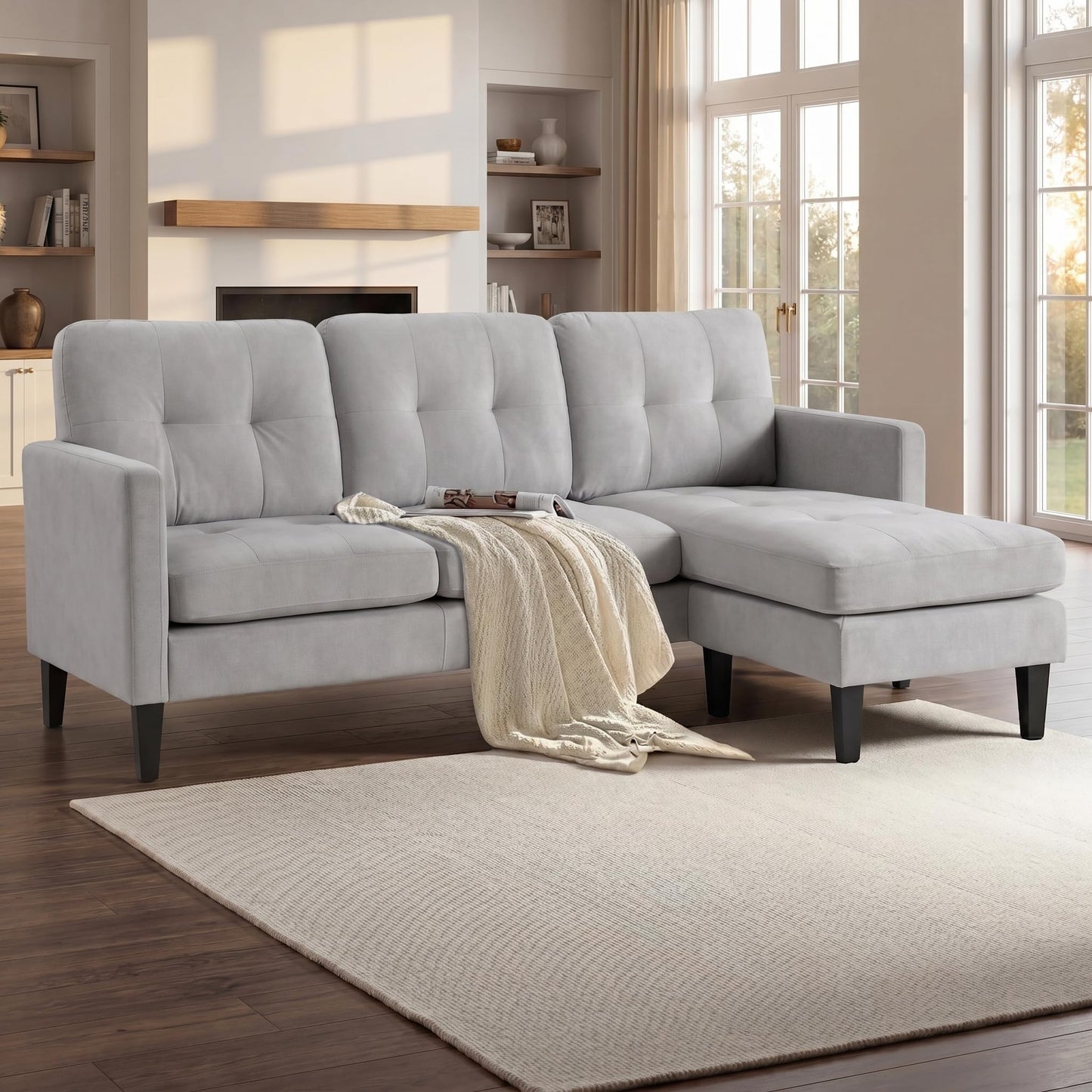 NicBexl 74'' L Shaped Small Couch, Lounge Sectional Couch with Chaise, Sleeper Sofa for Apartment Size, Small Sectional for Living Room, Office, Guest Room & Small Spaces, Light Gray