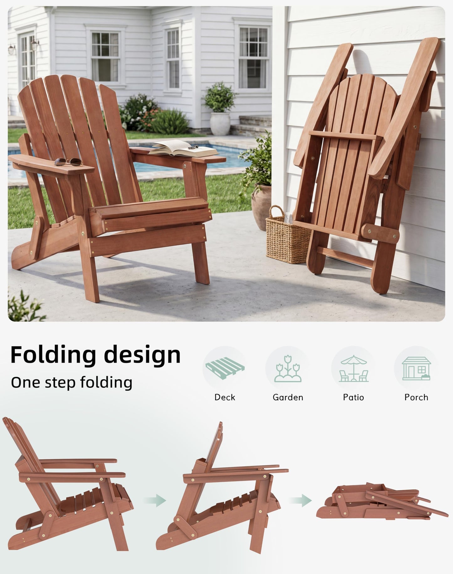 Wood-Natrl Oversized Wooden Folding Adirondack Chair with Pre-Assembled Backrest and Seat Board, Lounge Chair for Outdoor Patio Garden Lawn Backyard Firepit Deck Pool Beach