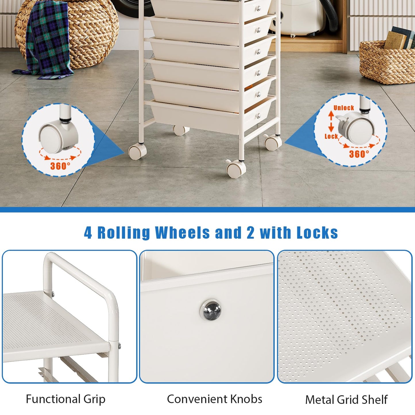 Shrivee 4-Tier Utility Cart with 4 Drawers, Rolling Utility Cart with 2 Lockable Caster Wheels, Multipurpose Mobile Rolling Drawer Cart for Office Bathroom Kitchen, Ivory White