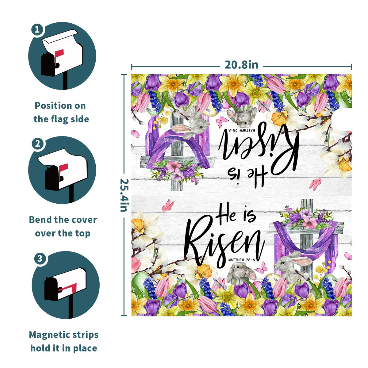He is Risen Easter Cross Christian Mailbox Cover Magnetic Large Size 25x21in Religious Spring Lily Flower Decorative Mailbox Wrap Decals Easter Bunnies Rabbit Post Letter Box Cover for Garden Yard