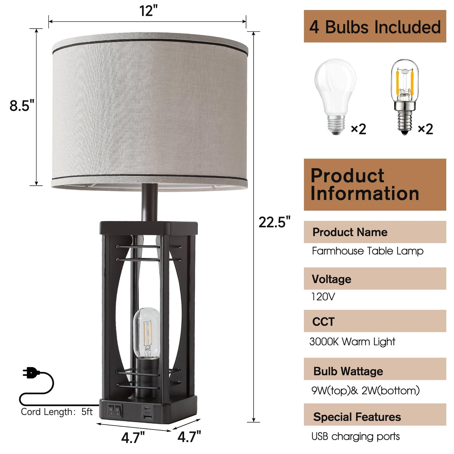 SRJJA Farmhouse Table Lamps Set of 2 for Living Room, Rustic Nightstand Lamps with USB A+C Charging Ports, 22.5" Dual Light Industrial Bedside Lamp with Linen Shade for Bedroom End Tables