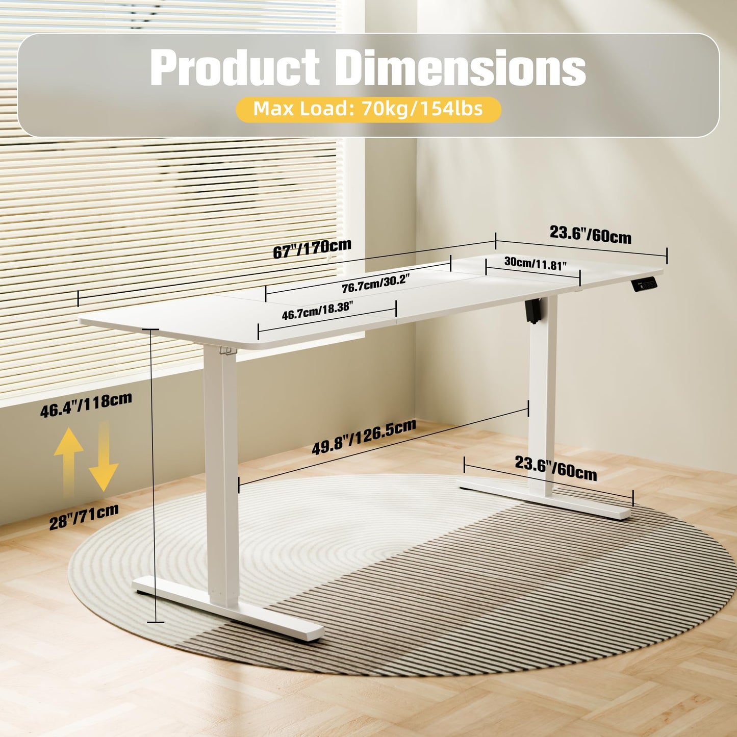 ERGOMAKER Electric Standing Desk, 67" x 23.6" Height Adjustable Sit Stand Desk with Splice Board for Home Office, Computer Table Memory Preset (White Frame, White Desktop)